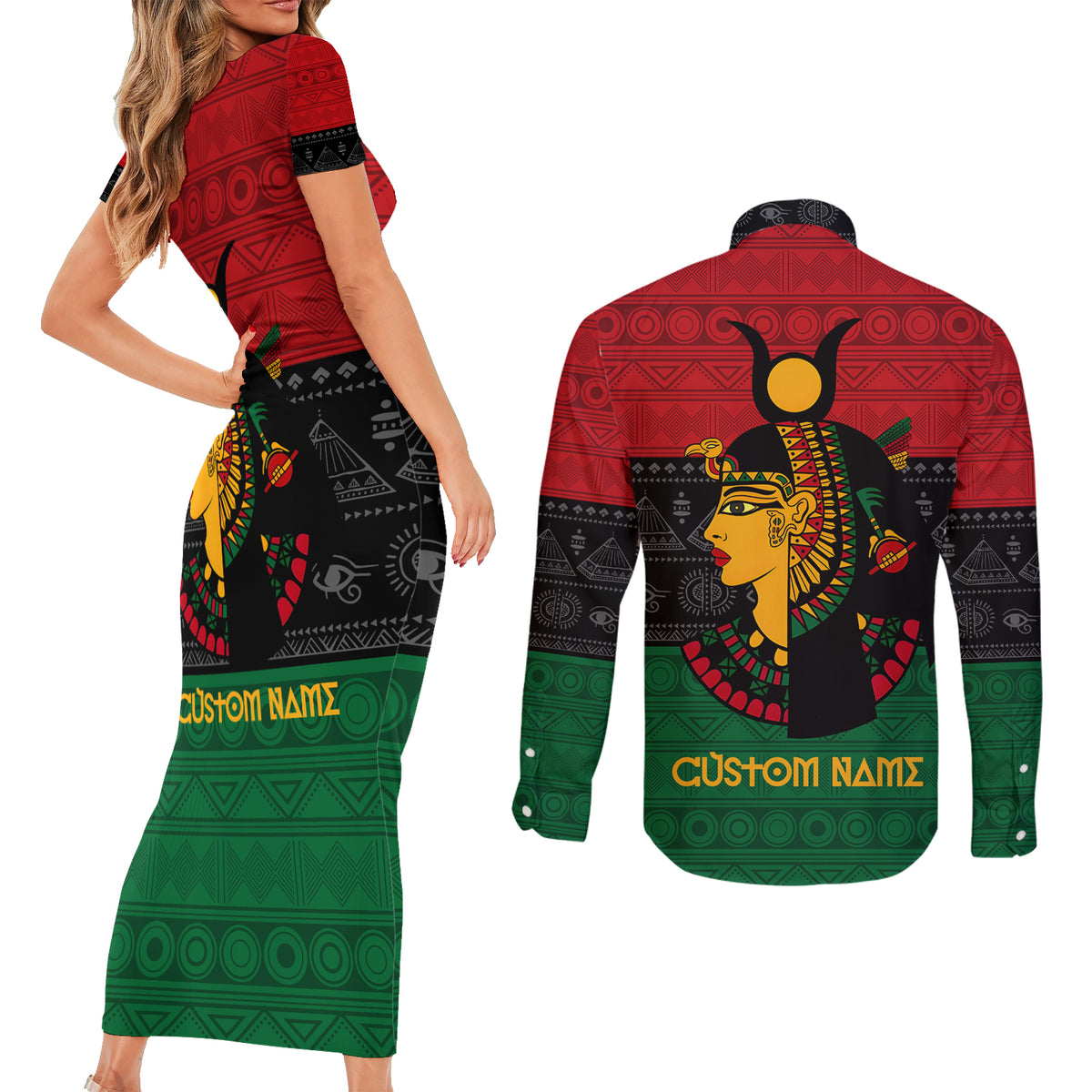 Personalized Queen In Pan-African Colors Couples Matching Short Sleeve Bodycon Dress and Long Sleeve Button Shirt Egyptian Beautiful Goddess - Wonder Print Shop
