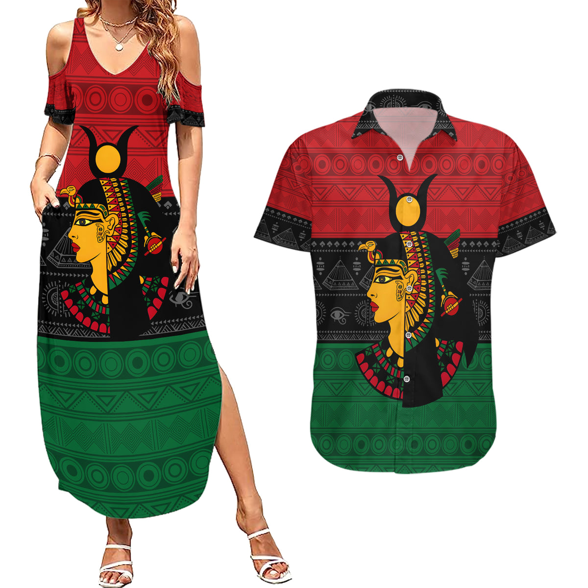 Personalized Queen In Pan-African Colors Couples Matching Summer Maxi Dress and Hawaiian Shirt Egyptian Beautiful Goddess - Wonder Print Shop