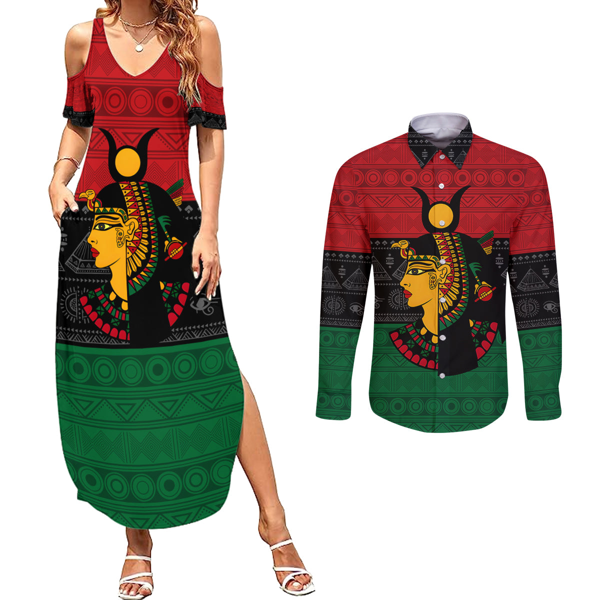 Personalized Queen In Pan-African Colors Couples Matching Summer Maxi Dress and Long Sleeve Button Shirt Egyptian Beautiful Goddess - Wonder Print Shop