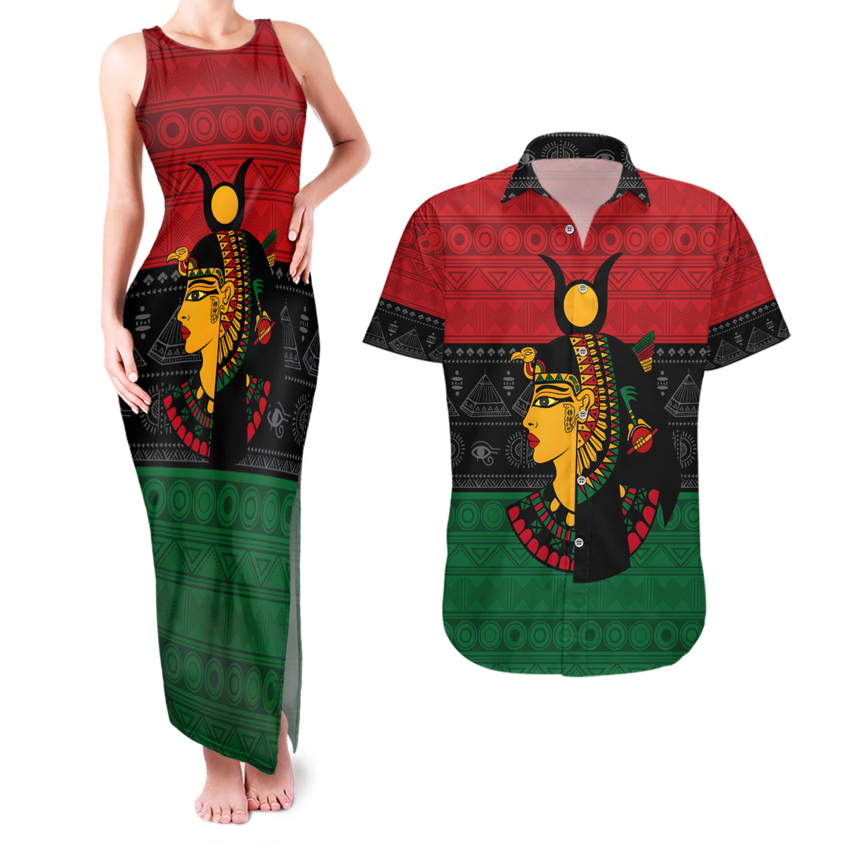 Personalized Queen In Pan-African Colors Couples Matching Tank Maxi Dress and Hawaiian Shirt Egyptian Beautiful Goddess - Wonder Print Shop