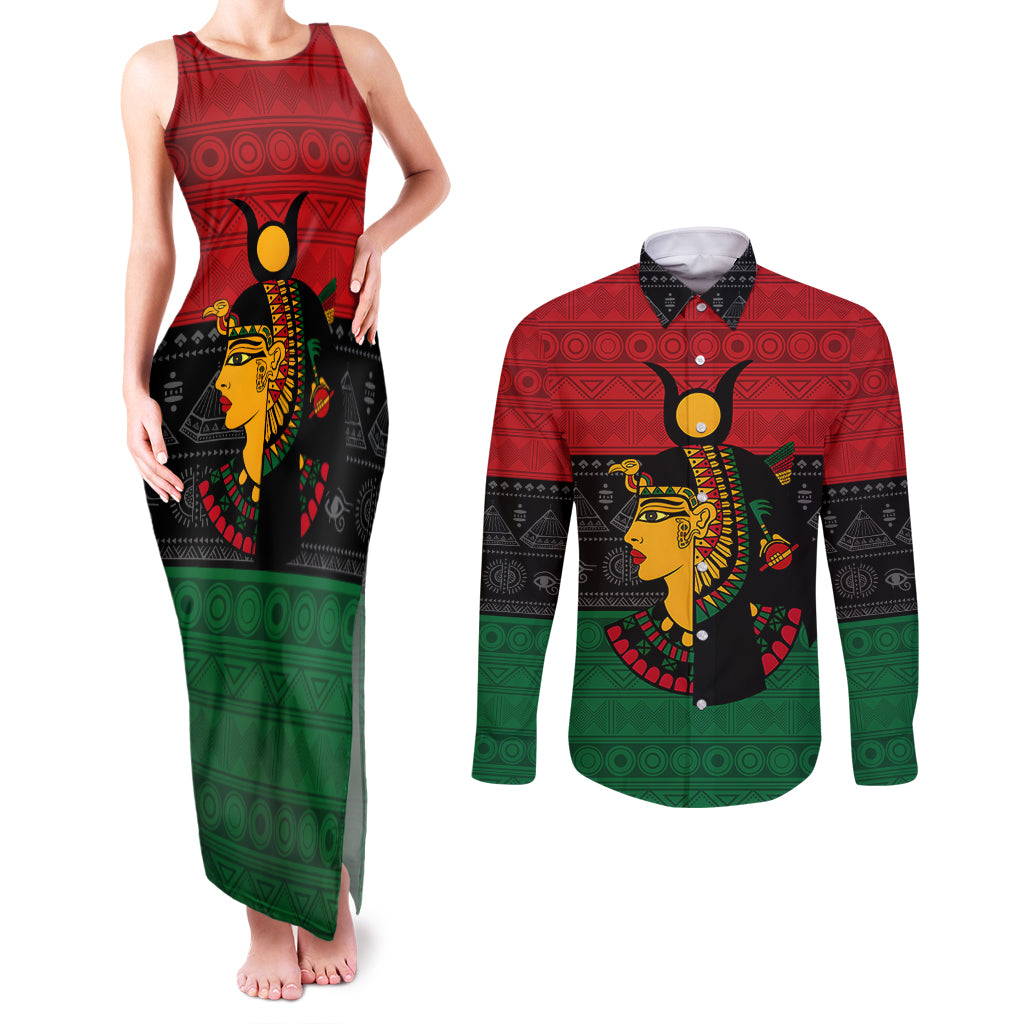 Personalized Queen In Pan-African Colors Couples Matching Tank Maxi Dress and Long Sleeve Button Shirt Egyptian Beautiful Goddess - Wonder Print Shop