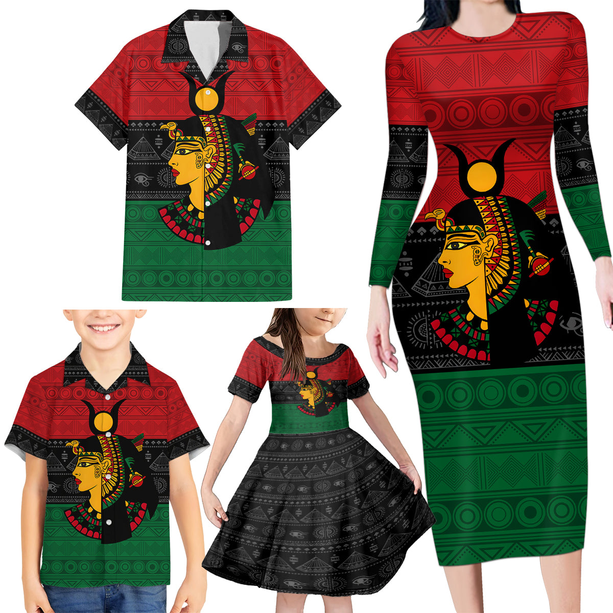 Personalized Queen In Pan-African Colors Family Matching Long Sleeve Bodycon Dress and Hawaiian Shirt Egyptian Beautiful Goddess - Wonder Print Shop