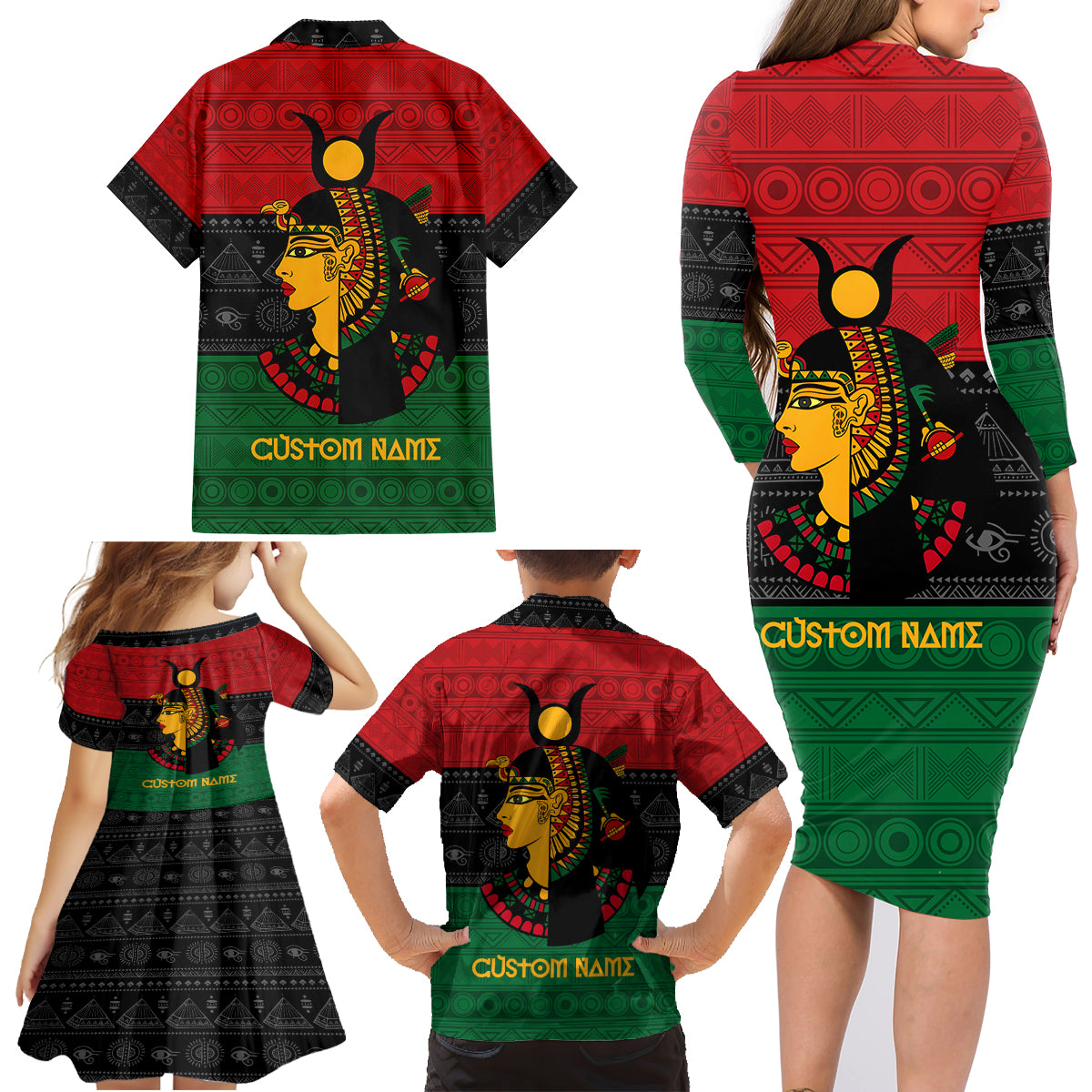 Personalized Queen In Pan-African Colors Family Matching Long Sleeve Bodycon Dress and Hawaiian Shirt Egyptian Beautiful Goddess - Wonder Print Shop