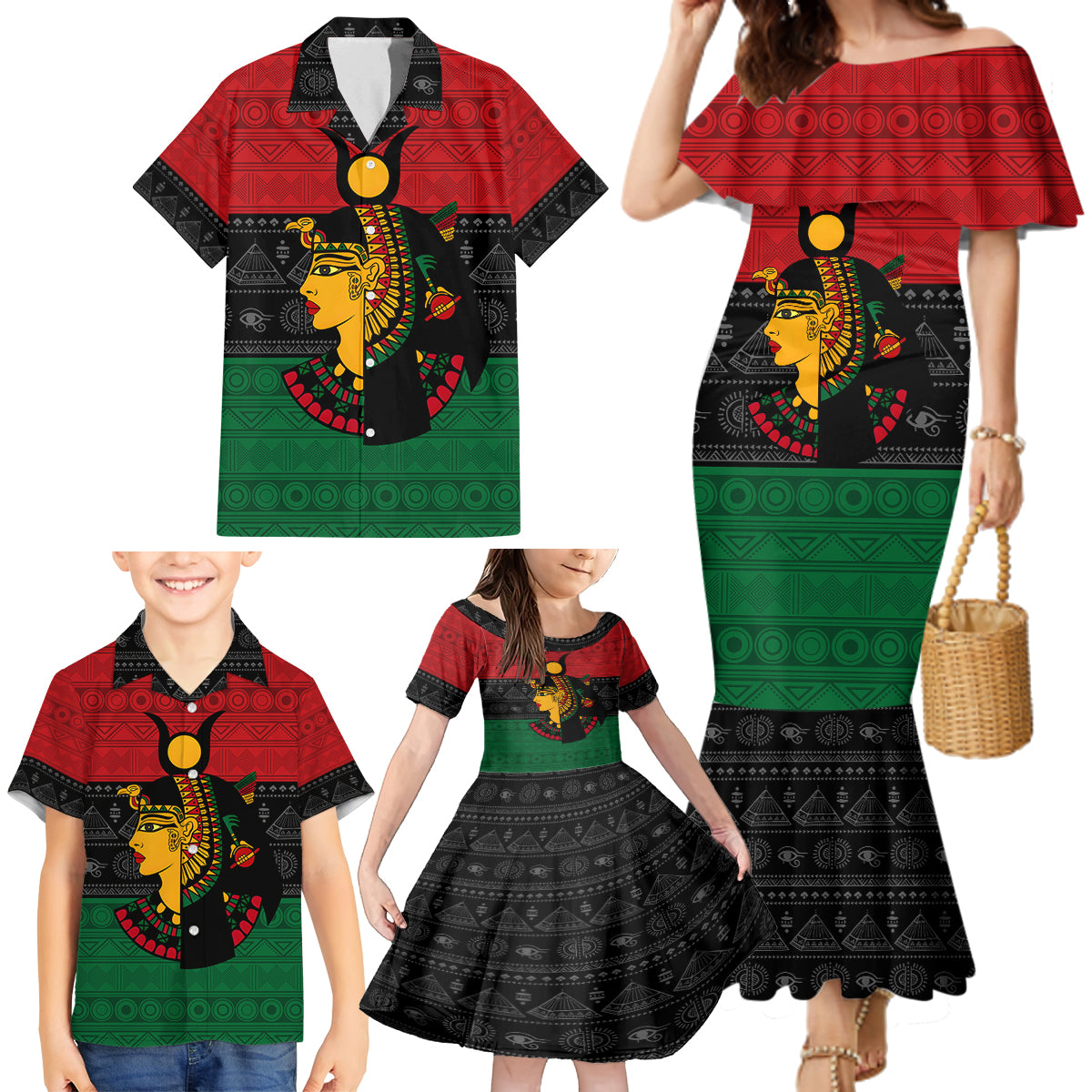 Personalized Queen In Pan-African Colors Family Matching Mermaid Dress and Hawaiian Shirt Egyptian Beautiful Goddess