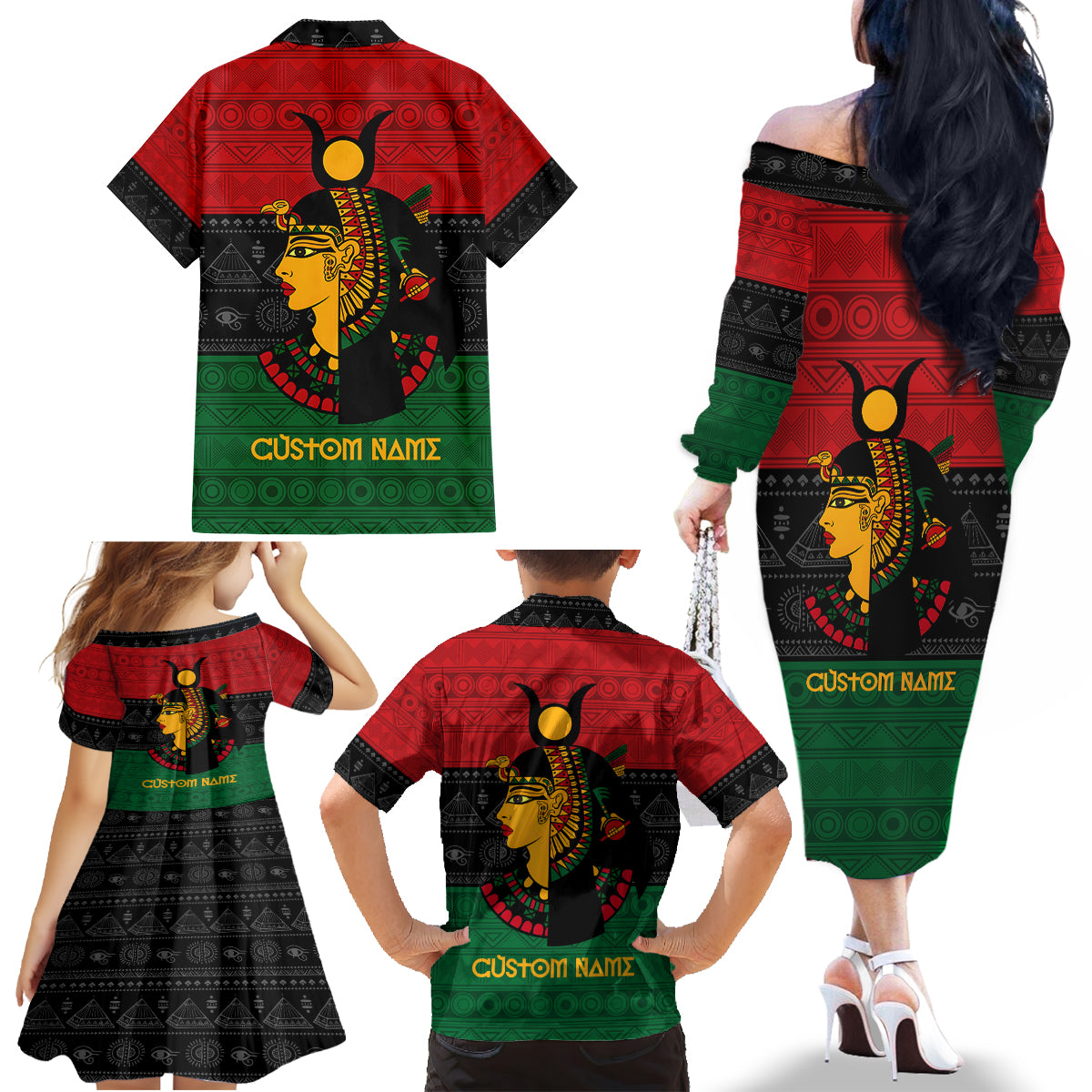 Personalized Queen In Pan-African Colors Family Matching Off The Shoulder Long Sleeve Dress and Hawaiian Shirt Egyptian Beautiful Goddess - Wonder Print Shop