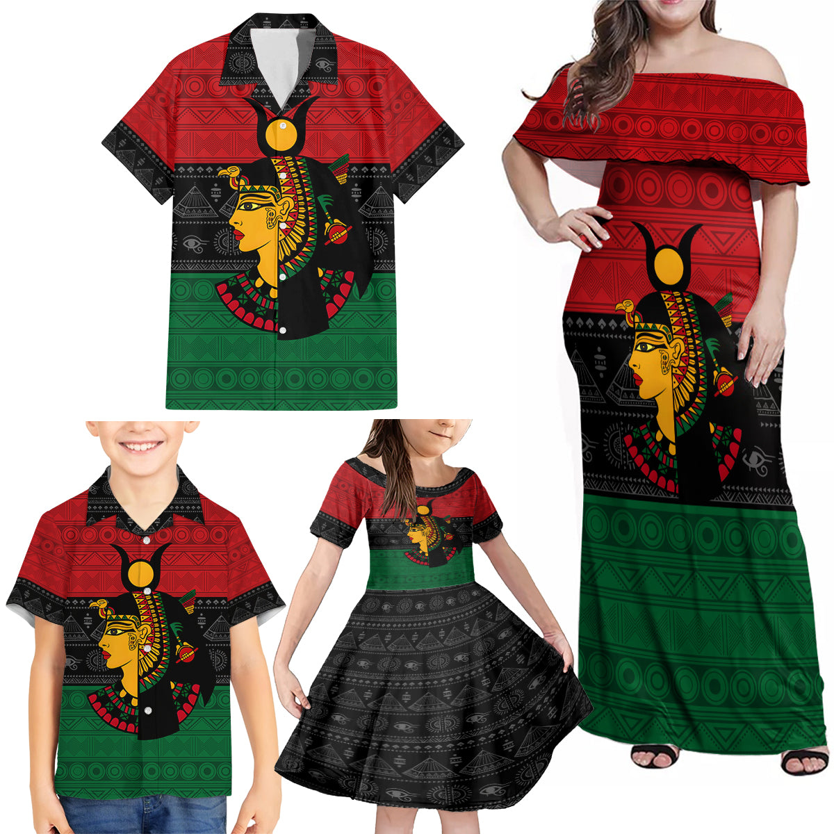 Personalized Queen In Pan-African Colors Family Matching Off Shoulder Maxi Dress and Hawaiian Shirt Egyptian Beautiful Goddess - Wonder Print Shop