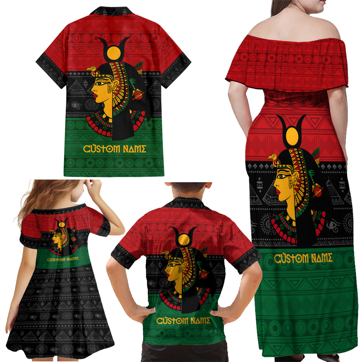 Personalized Queen In Pan-African Colors Family Matching Off Shoulder Maxi Dress and Hawaiian Shirt Egyptian Beautiful Goddess - Wonder Print Shop