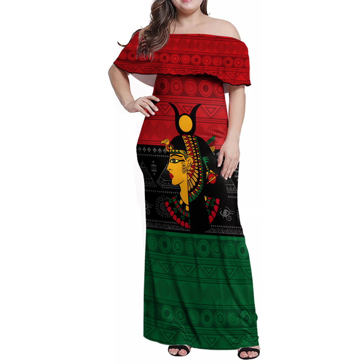 Personalized Queen In Pan-African Colors Family Matching Off Shoulder Maxi Dress and Hawaiian Shirt Egyptian Beautiful Goddess - Wonder Print Shop