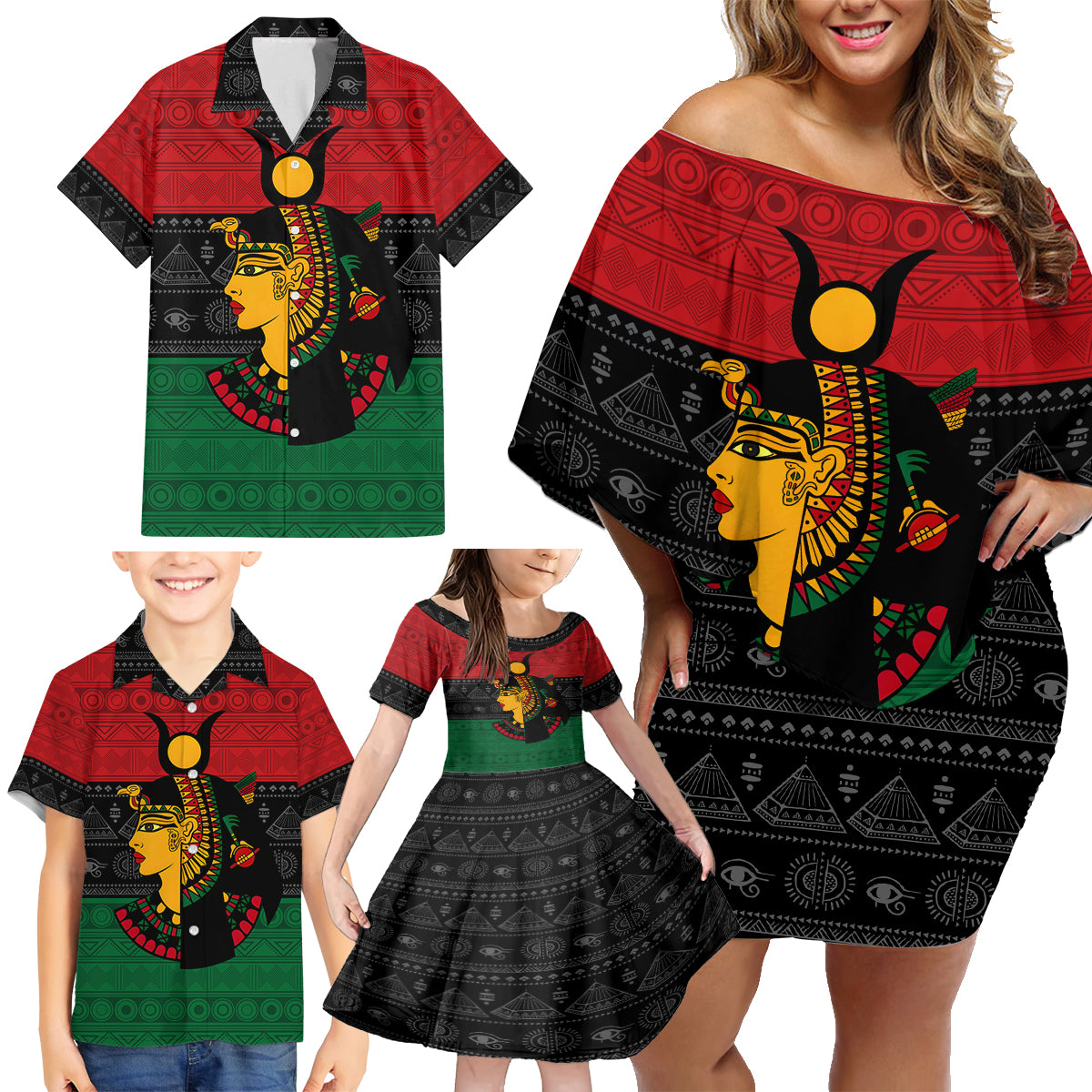 Personalized Queen In Pan-African Colors Family Matching Off Shoulder Short Dress and Hawaiian Shirt Egyptian Beautiful Goddess - Wonder Print Shop