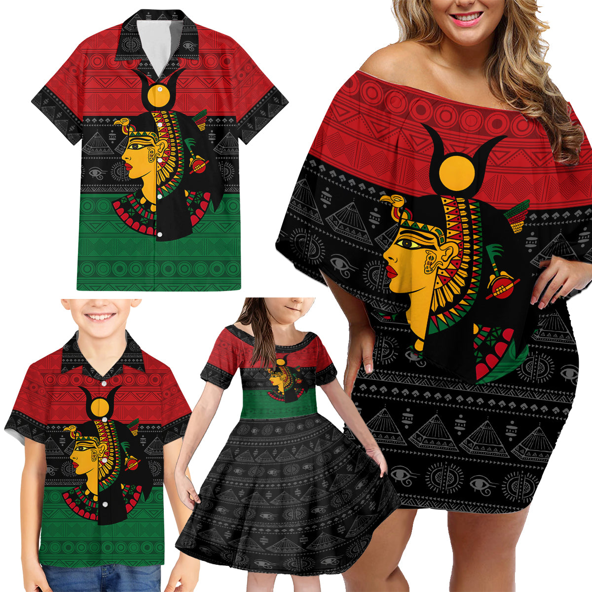 Personalized Queen In Pan-African Colors Family Matching Off Shoulder Short Dress and Hawaiian Shirt Egyptian Beautiful Goddess
