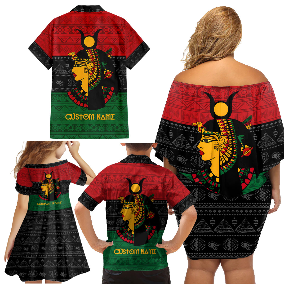 Personalized Queen In Pan-African Colors Family Matching Off Shoulder Short Dress and Hawaiian Shirt Egyptian Beautiful Goddess - Wonder Print Shop