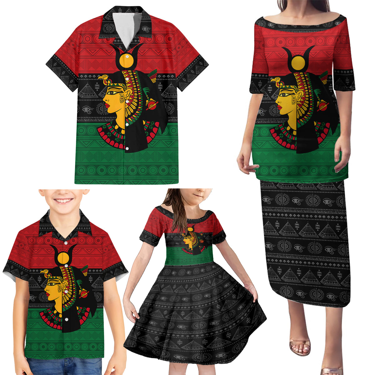 Personalized Queen In Pan-African Colors Family Matching Puletasi and Hawaiian Shirt Egyptian Beautiful Goddess - Wonder Print Shop