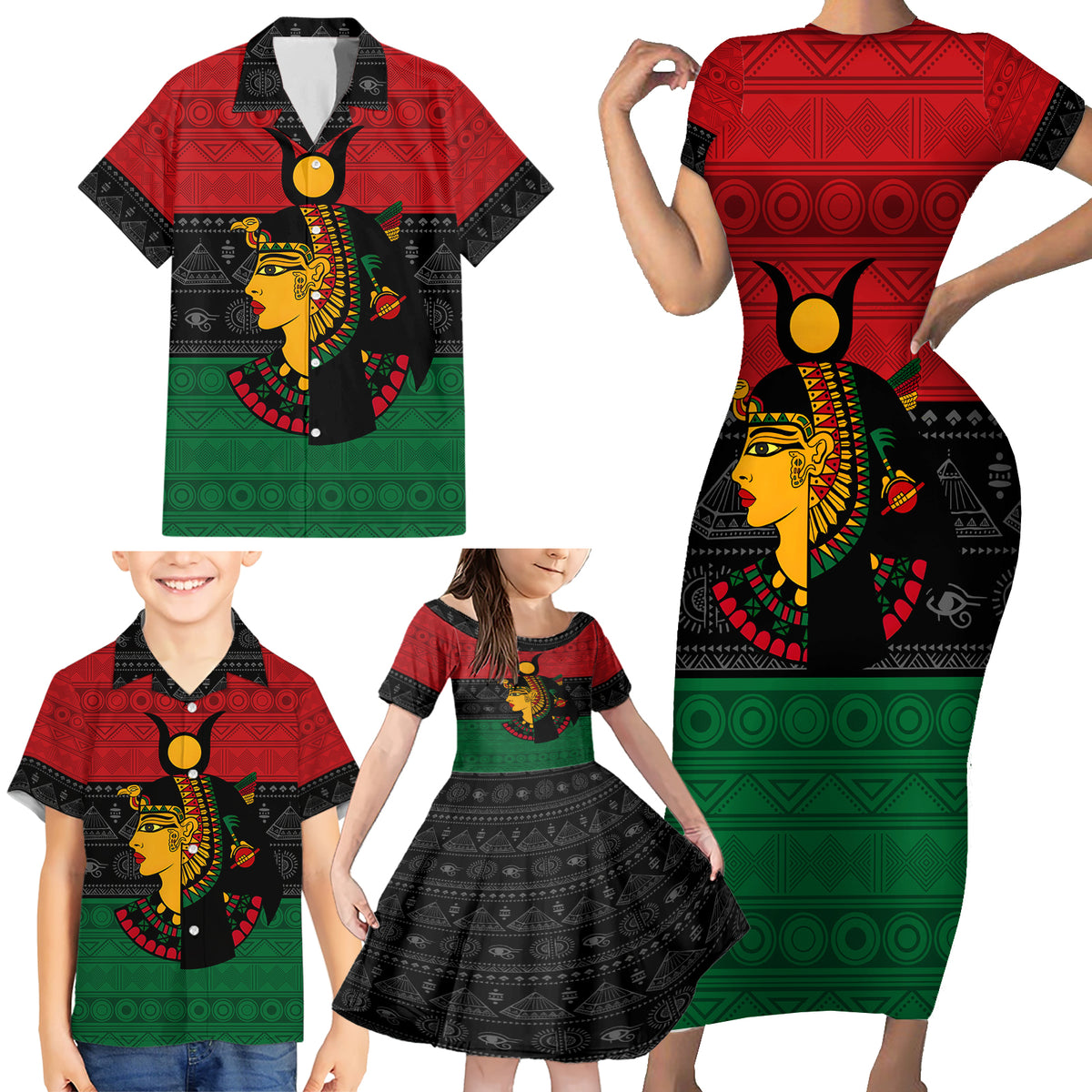 Personalized Queen In Pan-African Colors Family Matching Short Sleeve Bodycon Dress and Hawaiian Shirt Egyptian Beautiful Goddess - Wonder Print Shop