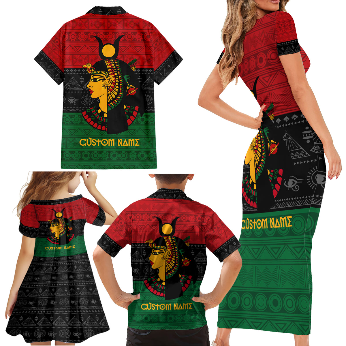 Personalized Queen In Pan-African Colors Family Matching Short Sleeve Bodycon Dress and Hawaiian Shirt Egyptian Beautiful Goddess - Wonder Print Shop