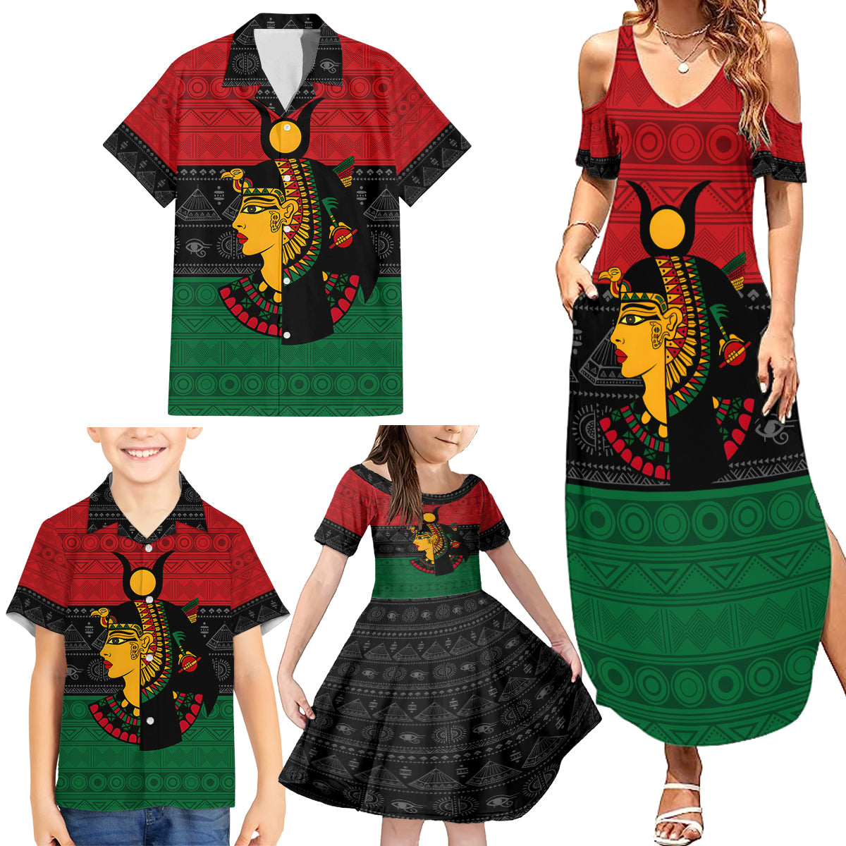 Personalized Queen In Pan-African Colors Family Matching Summer Maxi Dress and Hawaiian Shirt Egyptian Beautiful Goddess - Wonder Print Shop