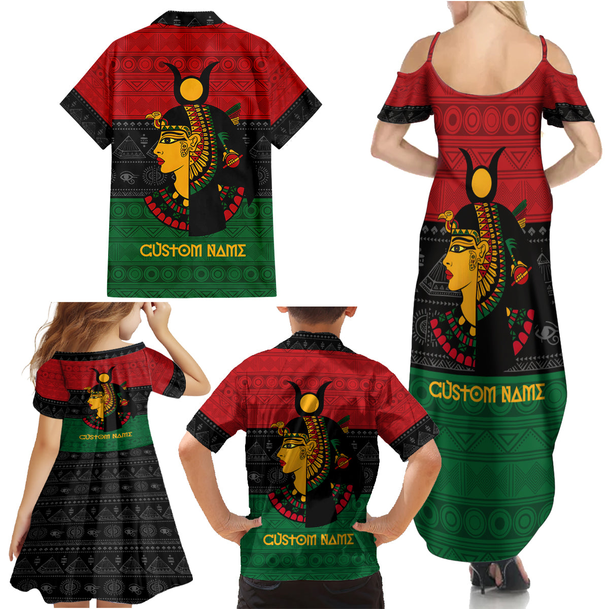 Personalized Queen In Pan-African Colors Family Matching Summer Maxi Dress and Hawaiian Shirt Egyptian Beautiful Goddess - Wonder Print Shop