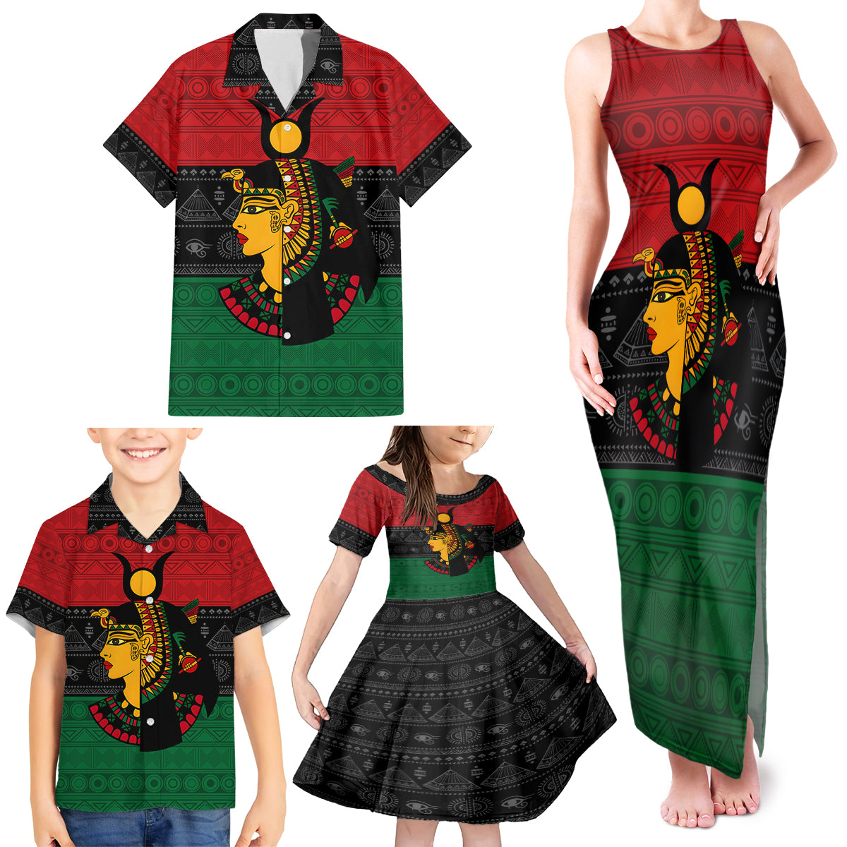 Personalized Queen In Pan-African Colors Family Matching Tank Maxi Dress and Hawaiian Shirt Egyptian Beautiful Goddess - Wonder Print Shop