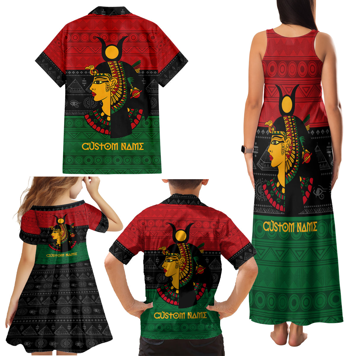 Personalized Queen In Pan-African Colors Family Matching Tank Maxi Dress and Hawaiian Shirt Egyptian Beautiful Goddess - Wonder Print Shop