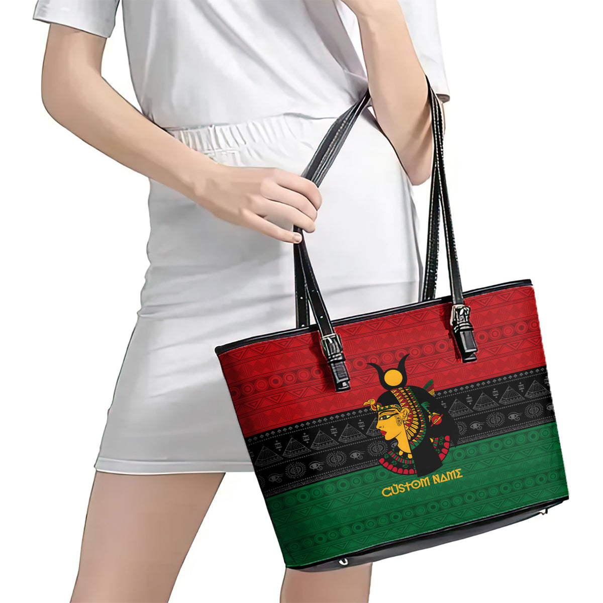 Personalized Queen In Pan-African Colors Leather Tote Bag Egyptian Beautiful Goddess - Wonder Print Shop