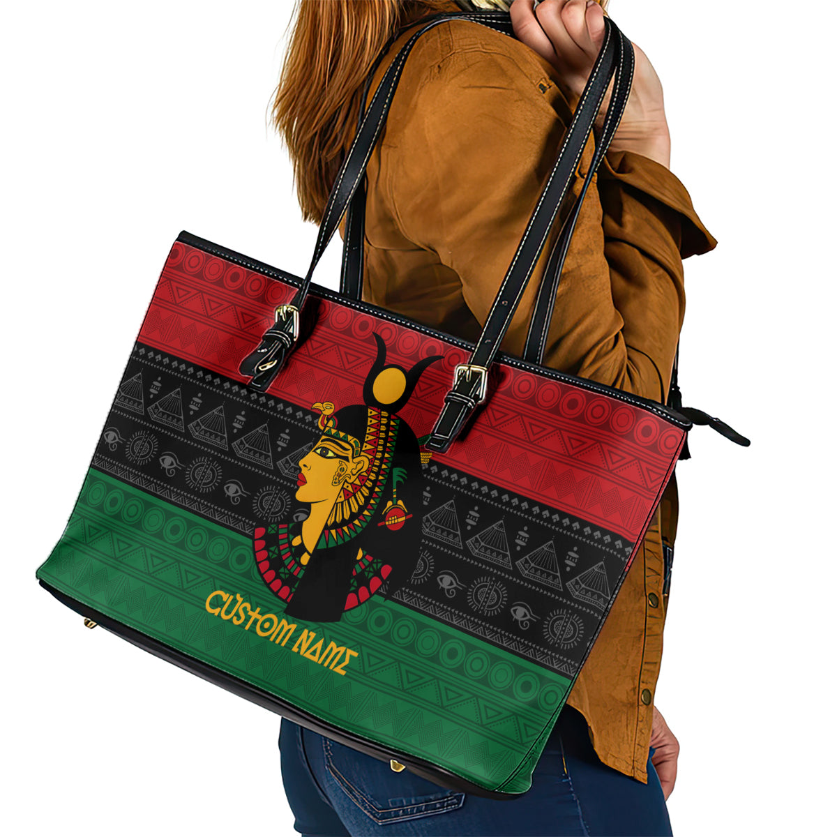 Personalized Queen In Pan-African Colors Leather Tote Bag Egyptian Beautiful Goddess - Wonder Print Shop