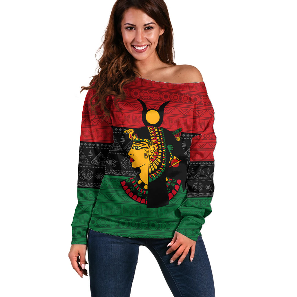 Personalized Queen In Pan-African Colors Off Shoulder Sweater Egyptian Beautiful Goddess - Wonder Print Shop