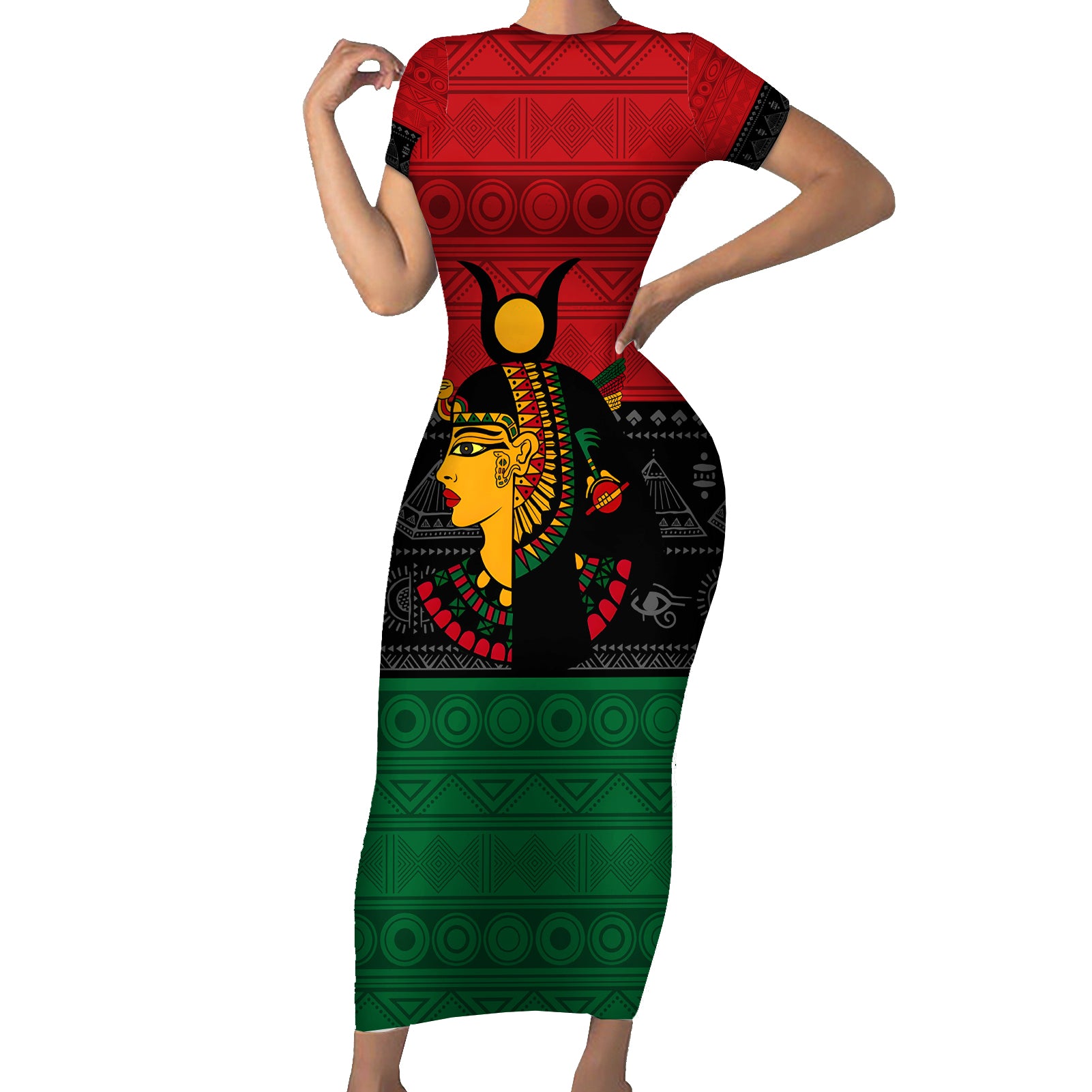 Personalized Queen In Pan-African Colors Short Sleeve Bodycon Dress Egyptian Beautiful Goddess - Wonder Print Shop