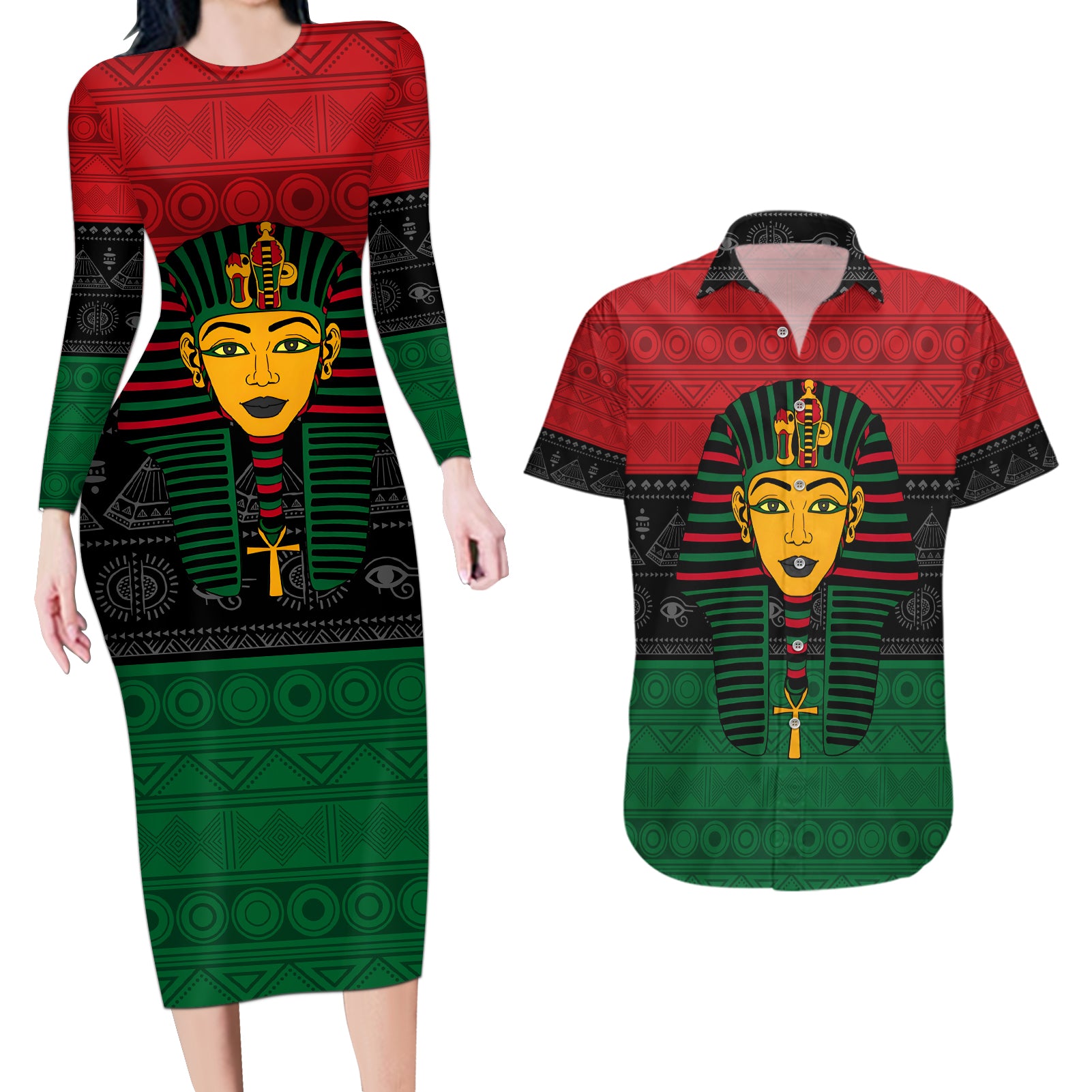 Personalized Pharaoh In Pan-African Colors Couples Matching Long Sleeve Bodycon Dress and Hawaiian Shirt Ancient Egypt