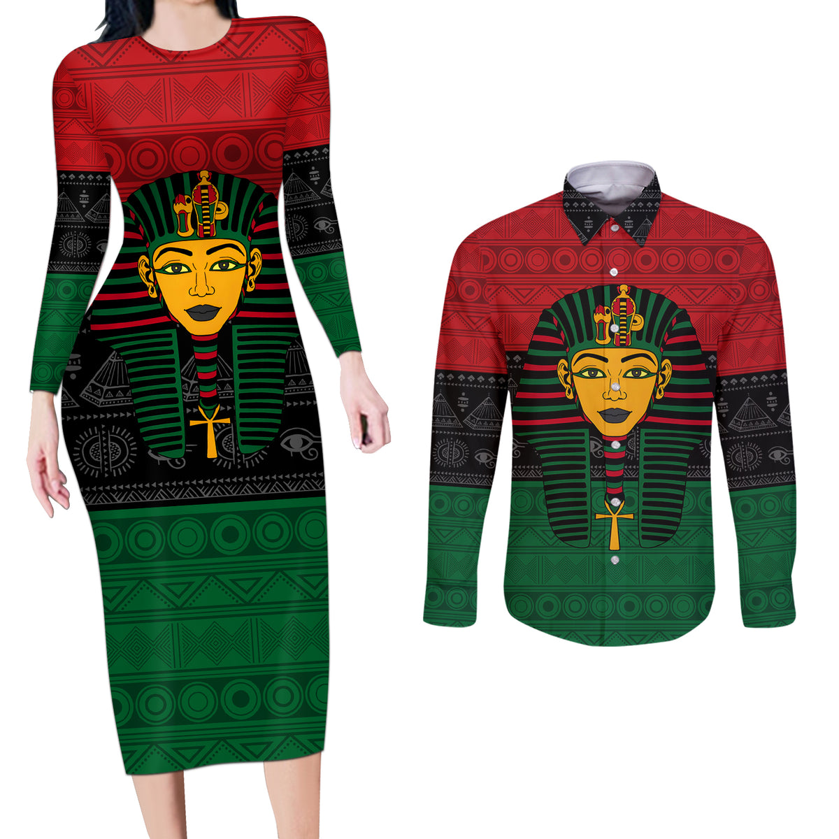 Personalized Pharaoh In Pan-African Colors Couples Matching Long Sleeve Bodycon Dress and Long Sleeve Button Shirt Ancient Egypt - Wonder Print Shop