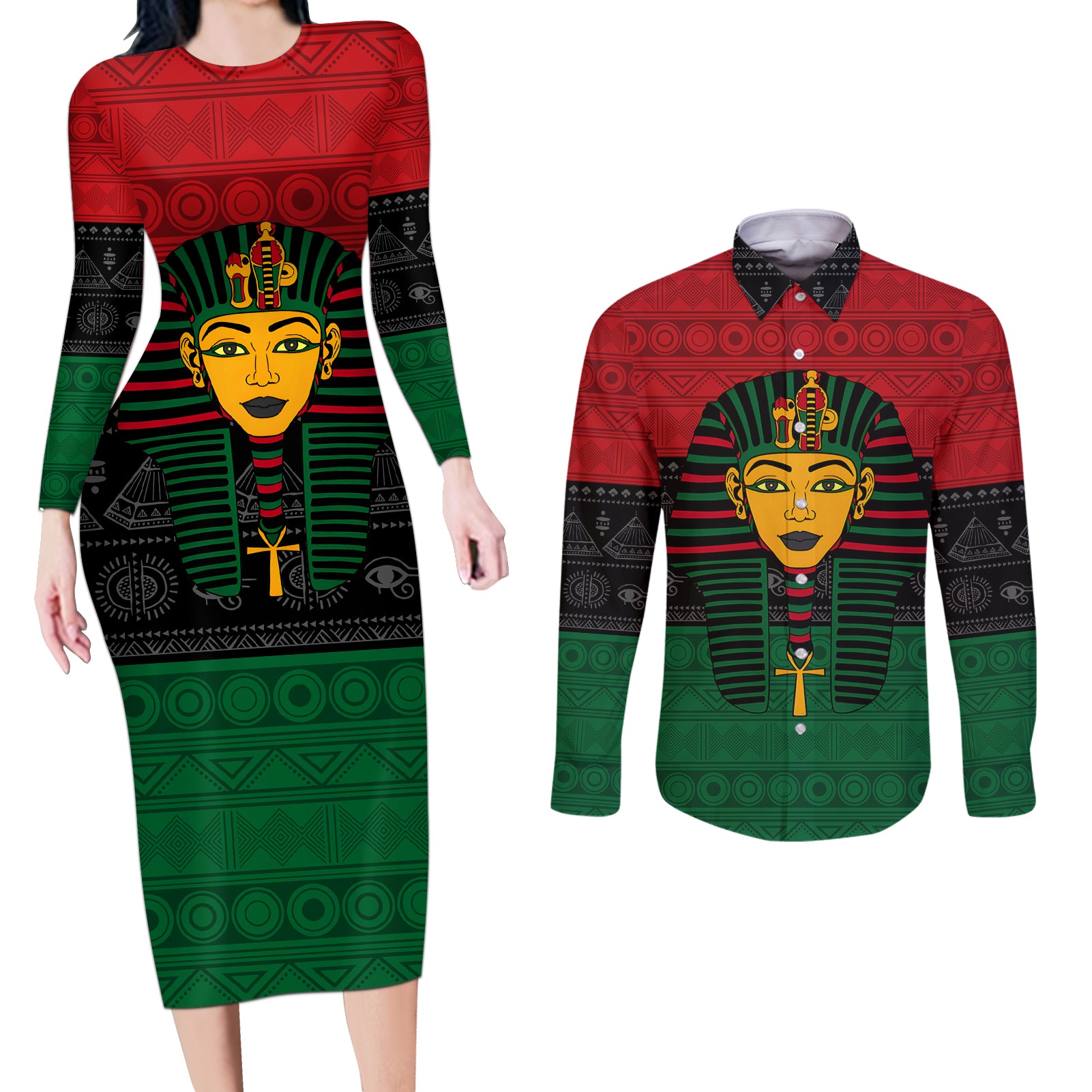 Personalized Pharaoh In Pan-African Colors Couples Matching Long Sleeve Bodycon Dress and Long Sleeve Button Shirt Ancient Egypt