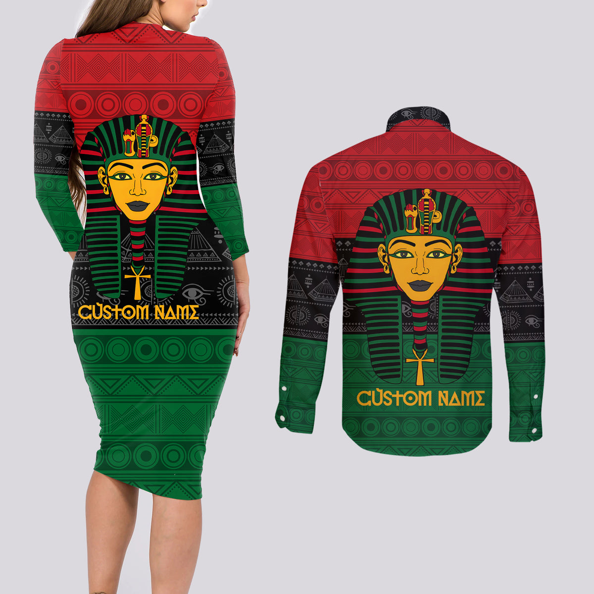 Personalized Pharaoh In Pan-African Colors Couples Matching Long Sleeve Bodycon Dress and Long Sleeve Button Shirt Ancient Egypt - Wonder Print Shop
