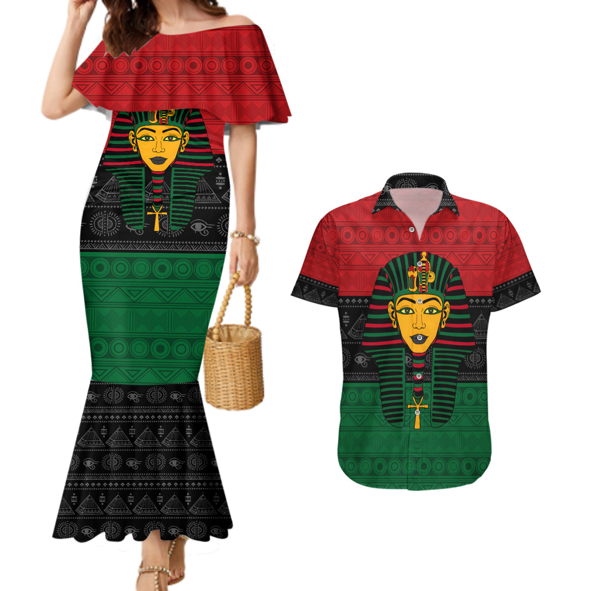 Personalized Pharaoh In Pan-African Colors Couples Matching Mermaid Dress and Hawaiian Shirt Ancient Egypt
