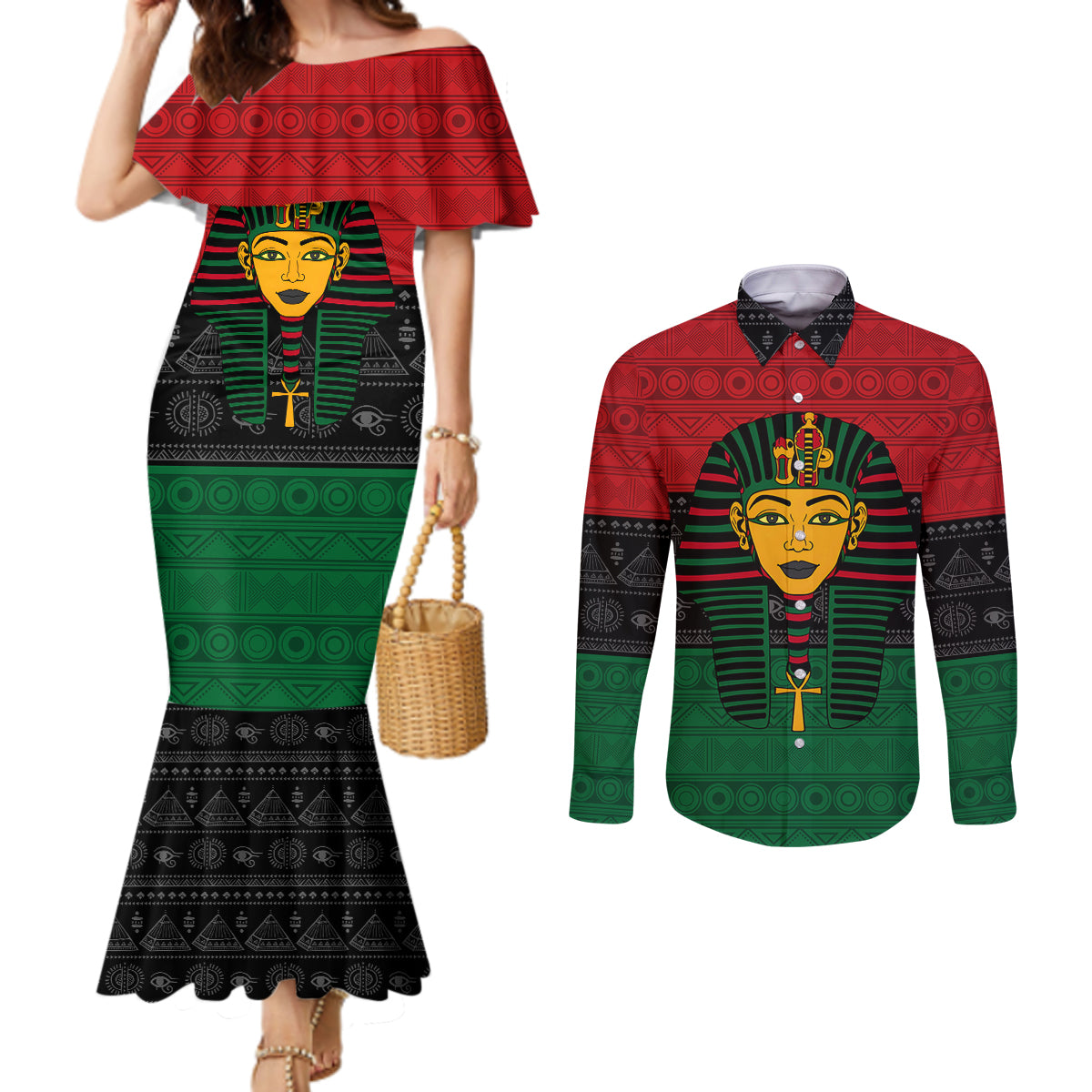Personalized Pharaoh In Pan-African Colors Couples Matching Mermaid Dress and Long Sleeve Button Shirt Ancient Egypt