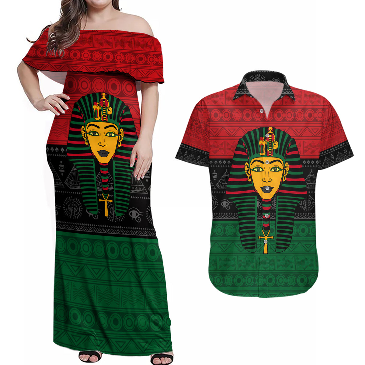 Personalized Pharaoh In Pan-African Colors Couples Matching Off Shoulder Maxi Dress and Hawaiian Shirt Ancient Egypt - Wonder Print Shop