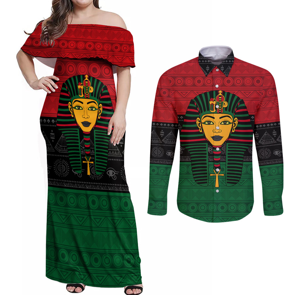 Personalized Pharaoh In Pan-African Colors Couples Matching Off Shoulder Maxi Dress and Long Sleeve Button Shirt Ancient Egypt