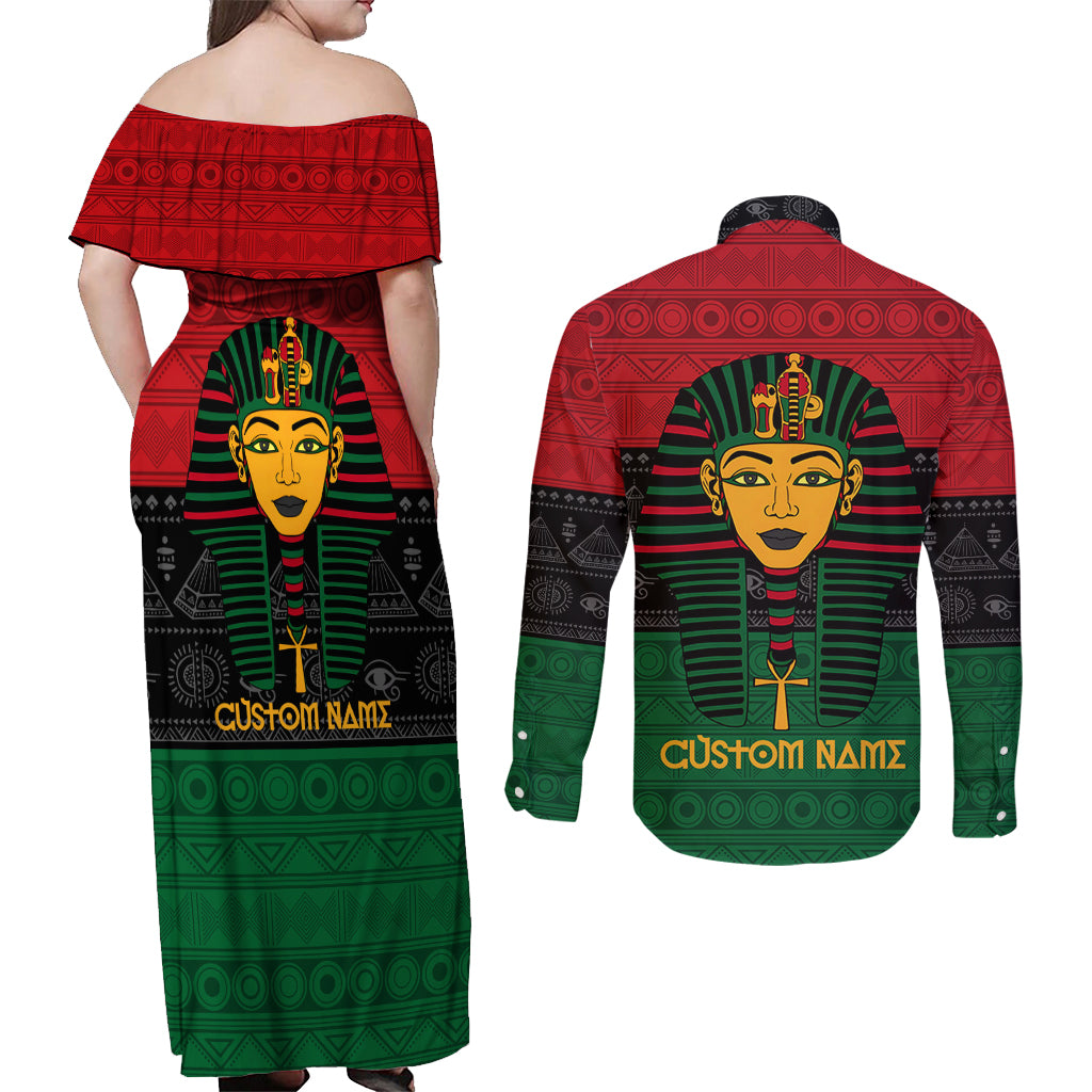 Personalized Pharaoh In Pan-African Colors Couples Matching Off Shoulder Maxi Dress and Long Sleeve Button Shirt Ancient Egypt - Wonder Print Shop