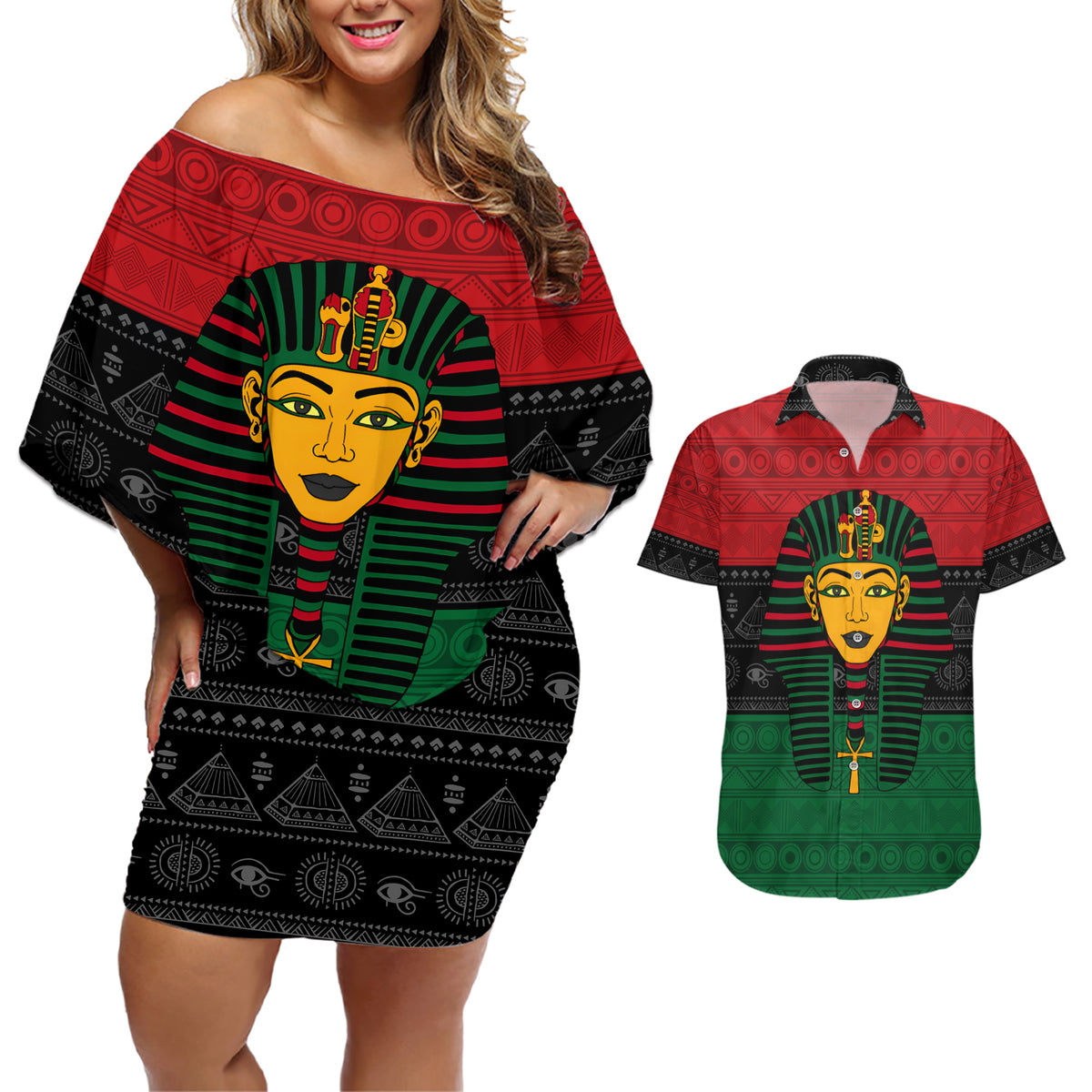 Personalized Pharaoh In Pan-African Colors Couples Matching Off Shoulder Short Dress and Hawaiian Shirt Ancient Egypt - Wonder Print Shop