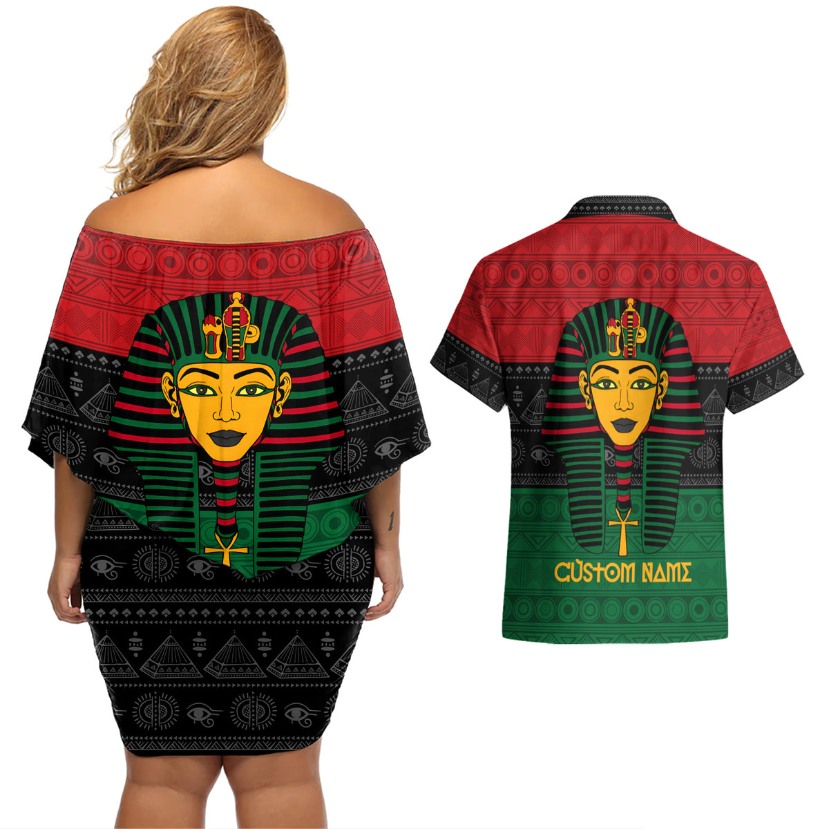 Personalized Pharaoh In Pan-African Colors Couples Matching Off Shoulder Short Dress and Hawaiian Shirt Ancient Egypt - Wonder Print Shop