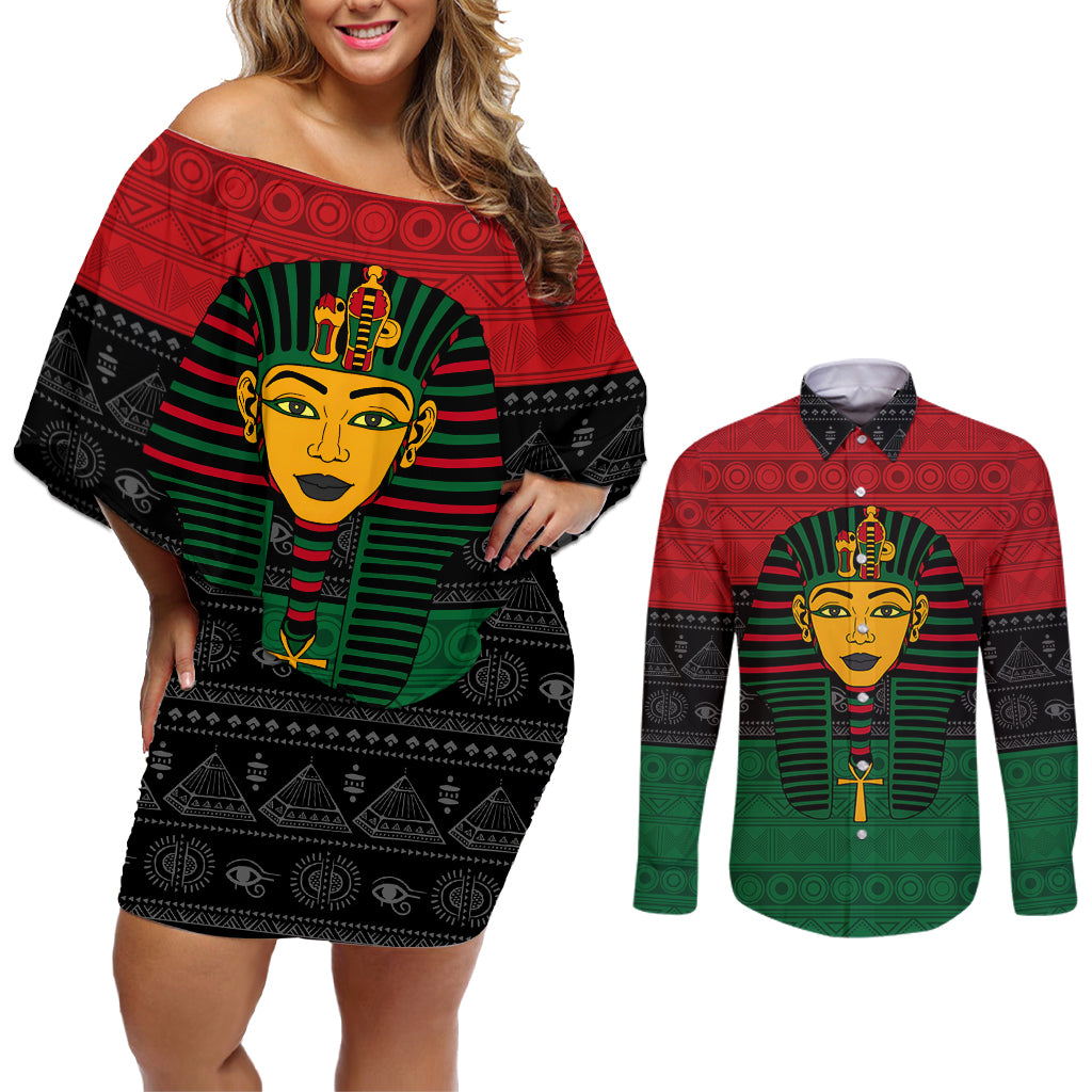 Personalized Pharaoh In Pan-African Colors Couples Matching Off Shoulder Short Dress and Long Sleeve Button Shirt Ancient Egypt