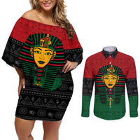 Personalized Pharaoh In Pan-African Colors Couples Matching Off Shoulder Short Dress and Long Sleeve Button Shirt Ancient Egypt - Wonder Print Shop