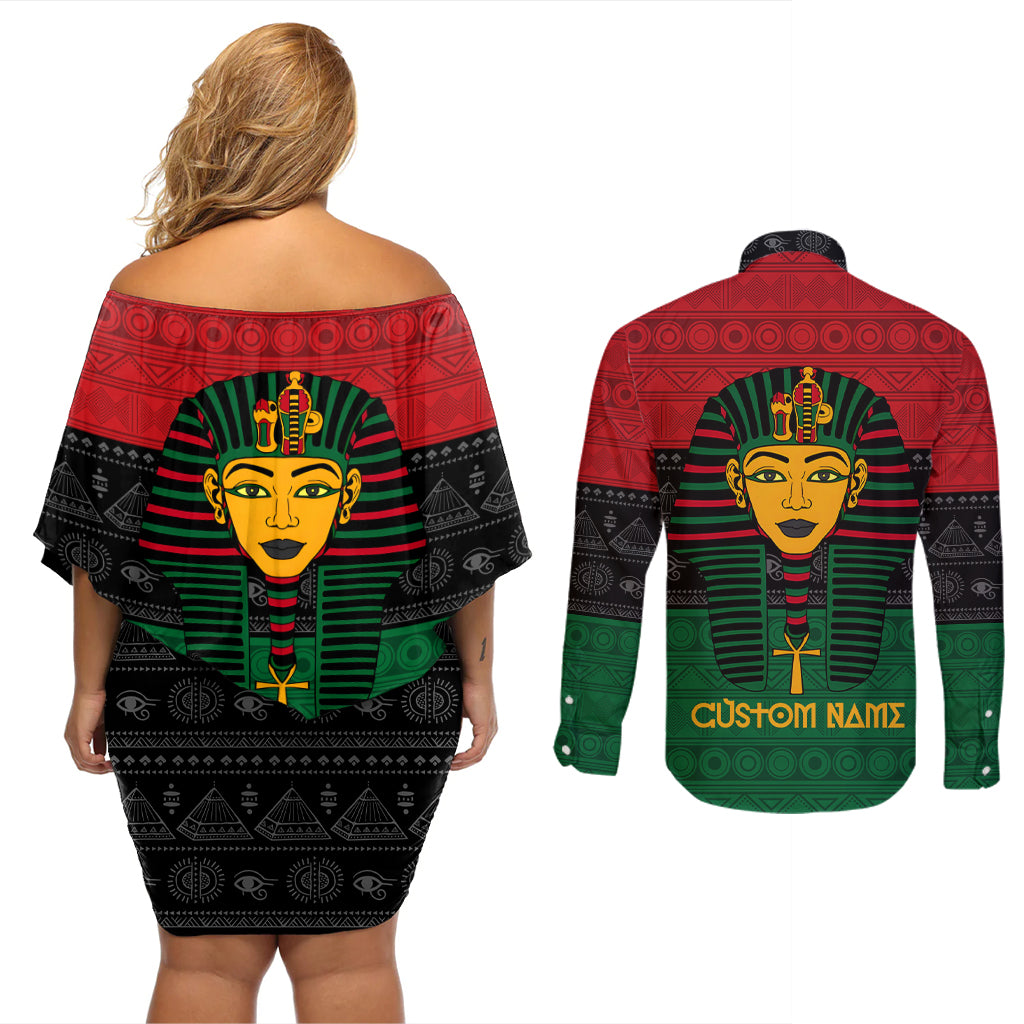 Personalized Pharaoh In Pan-African Colors Couples Matching Off Shoulder Short Dress and Long Sleeve Button Shirt Ancient Egypt - Wonder Print Shop