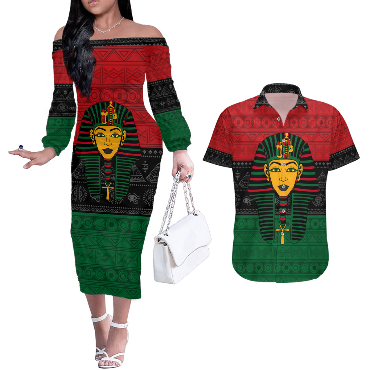 Personalized Pharaoh In Pan-African Colors Couples Matching Off The Shoulder Long Sleeve Dress and Hawaiian Shirt Ancient Egypt - Wonder Print Shop