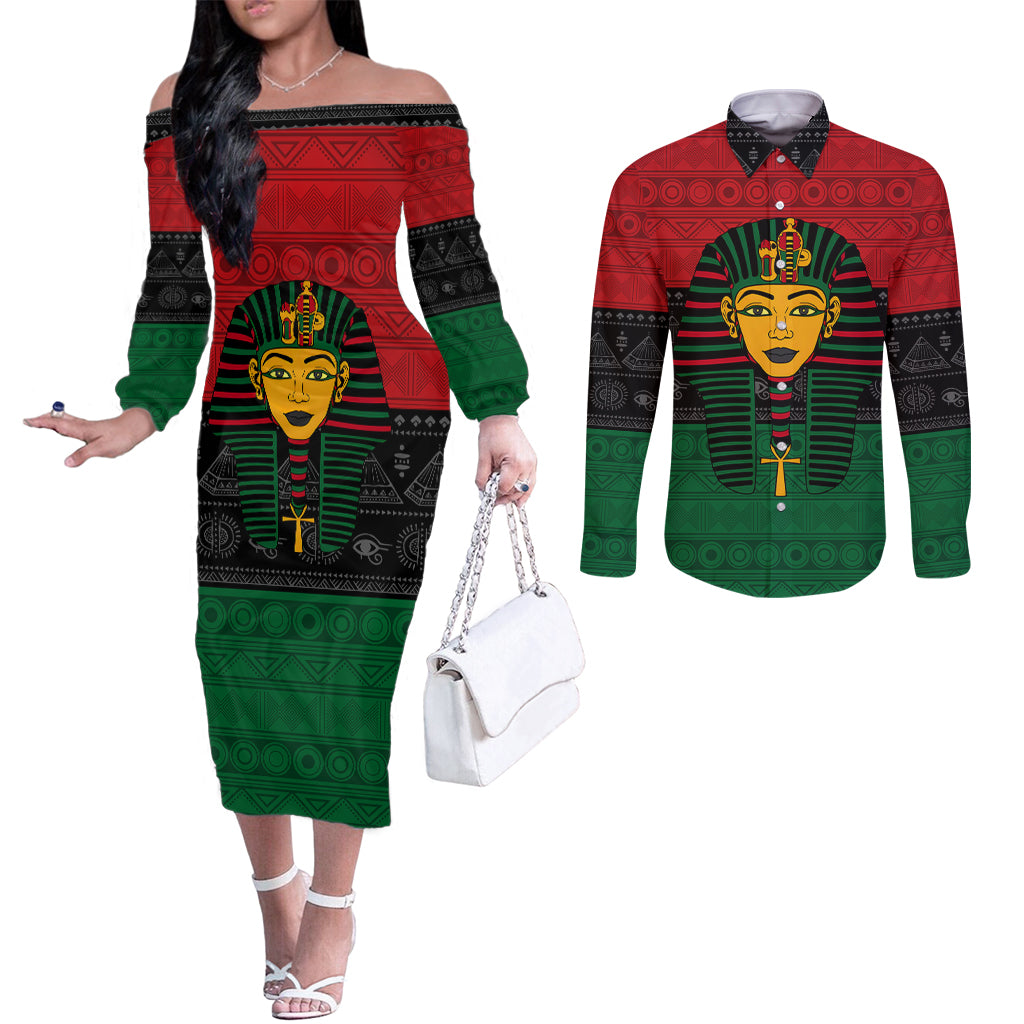 Personalized Pharaoh In Pan-African Colors Couples Matching Off The Shoulder Long Sleeve Dress and Long Sleeve Button Shirt Ancient Egypt