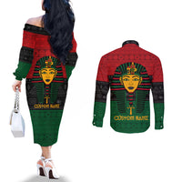 Personalized Pharaoh In Pan-African Colors Couples Matching Off The Shoulder Long Sleeve Dress and Long Sleeve Button Shirt Ancient Egypt