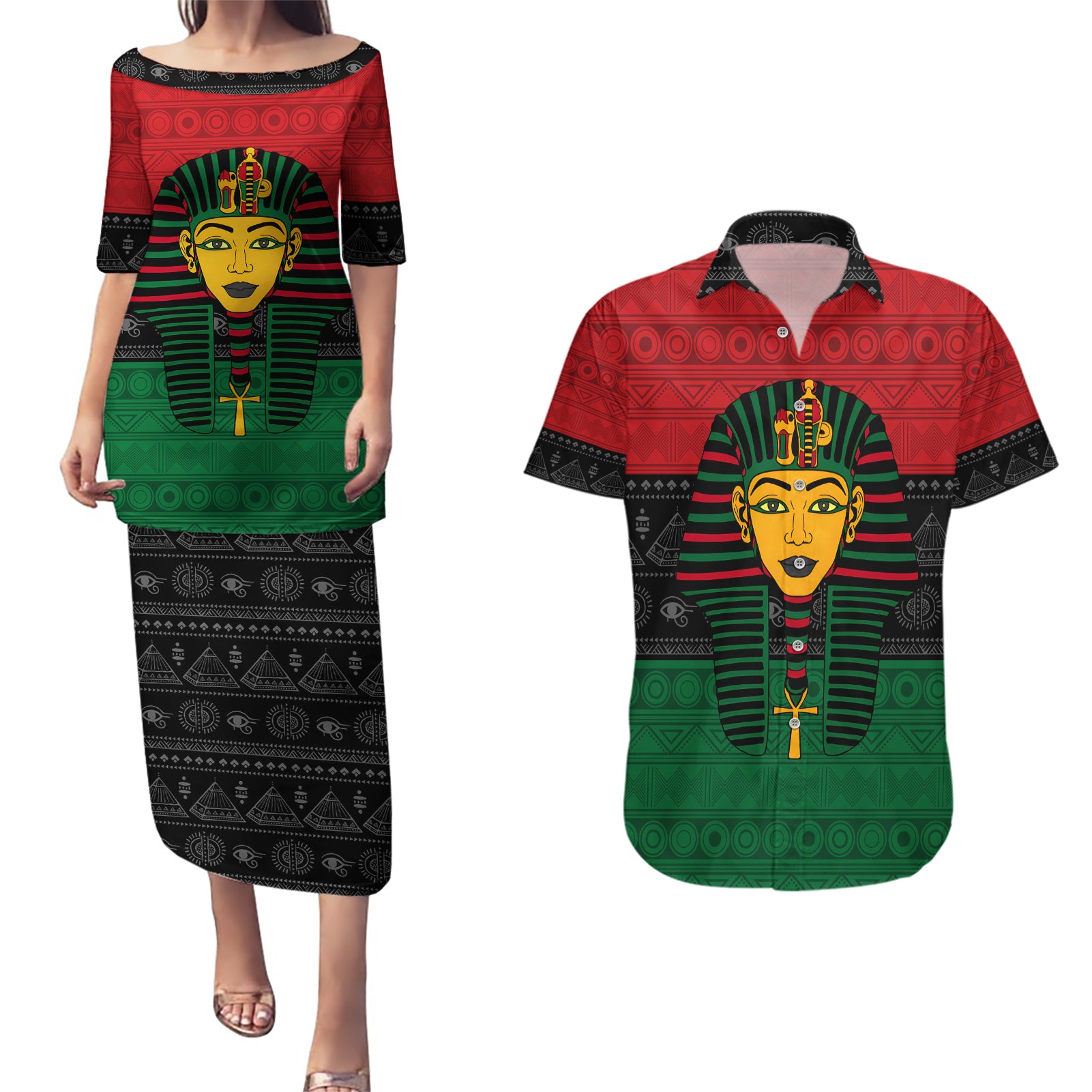 Personalized Pharaoh In Pan-African Colors Couples Matching Puletasi and Hawaiian Shirt Ancient Egypt
