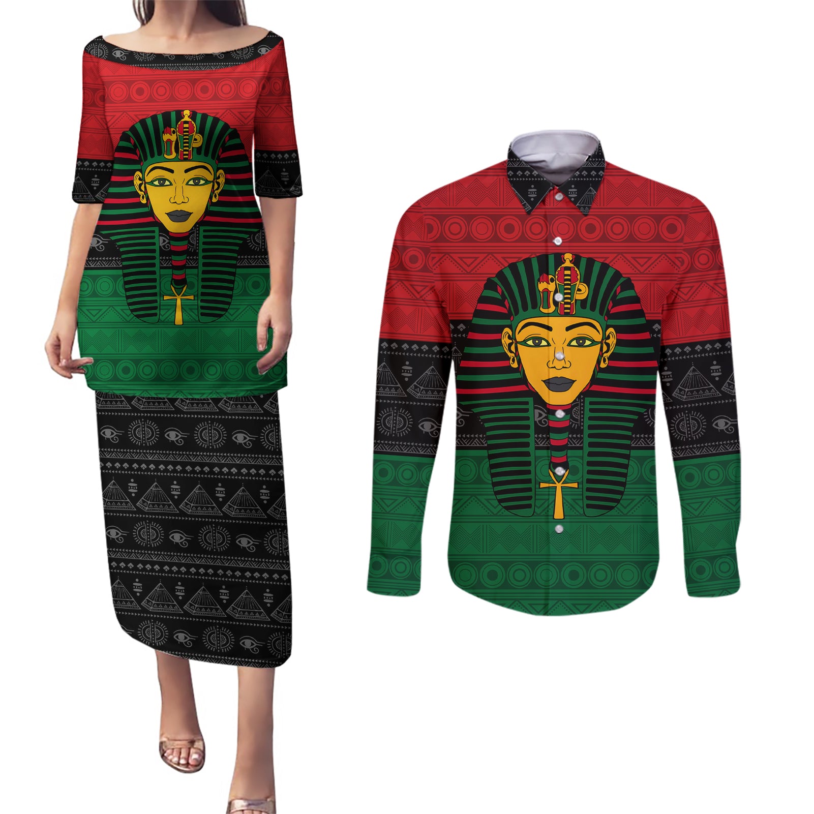 Personalized Pharaoh In Pan-African Colors Couples Matching Puletasi and Long Sleeve Button Shirt Ancient Egypt