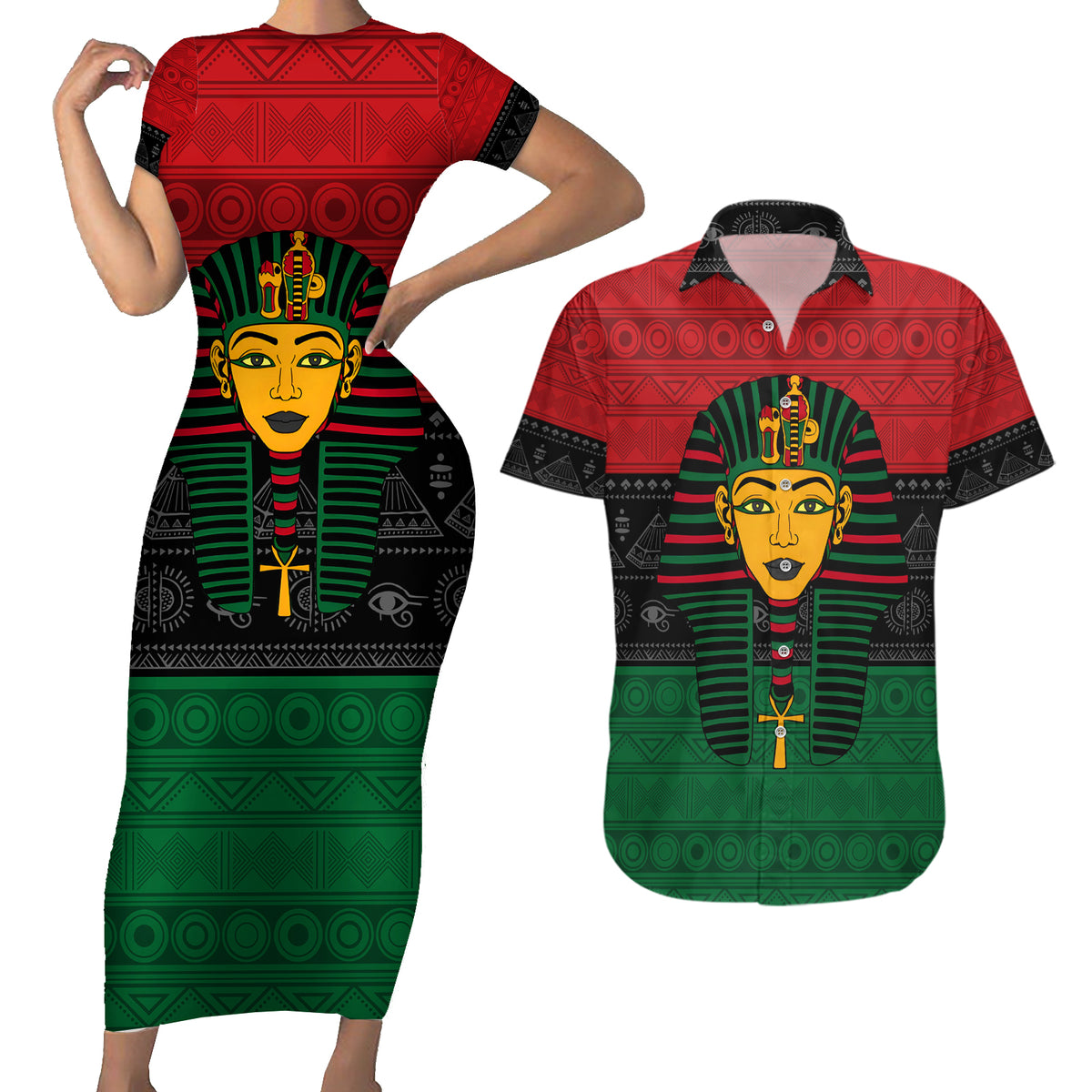 Personalized Pharaoh In Pan-African Colors Couples Matching Short Sleeve Bodycon Dress and Hawaiian Shirt Ancient Egypt - Wonder Print Shop