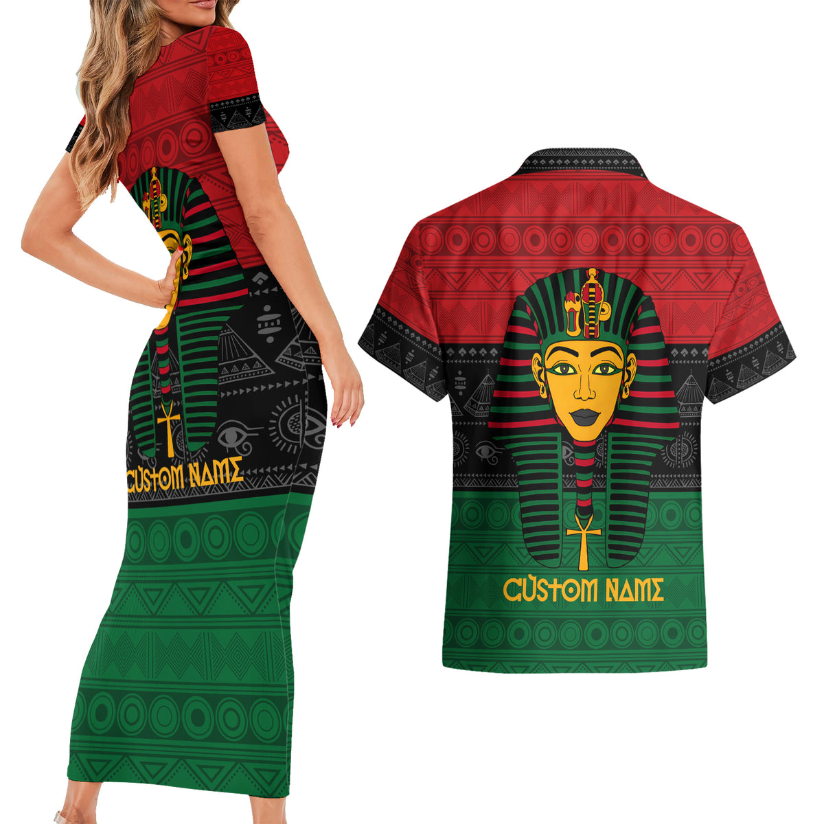 Personalized Pharaoh In Pan-African Colors Couples Matching Short Sleeve Bodycon Dress and Hawaiian Shirt Ancient Egypt - Wonder Print Shop