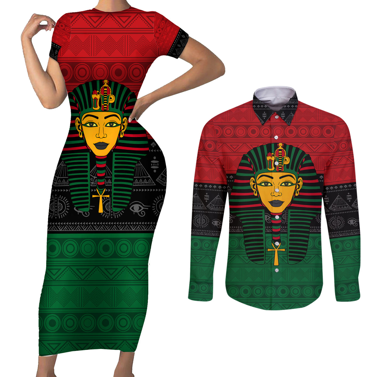 Personalized Pharaoh In Pan-African Colors Couples Matching Short Sleeve Bodycon Dress and Long Sleeve Button Shirt Ancient Egypt - Wonder Print Shop
