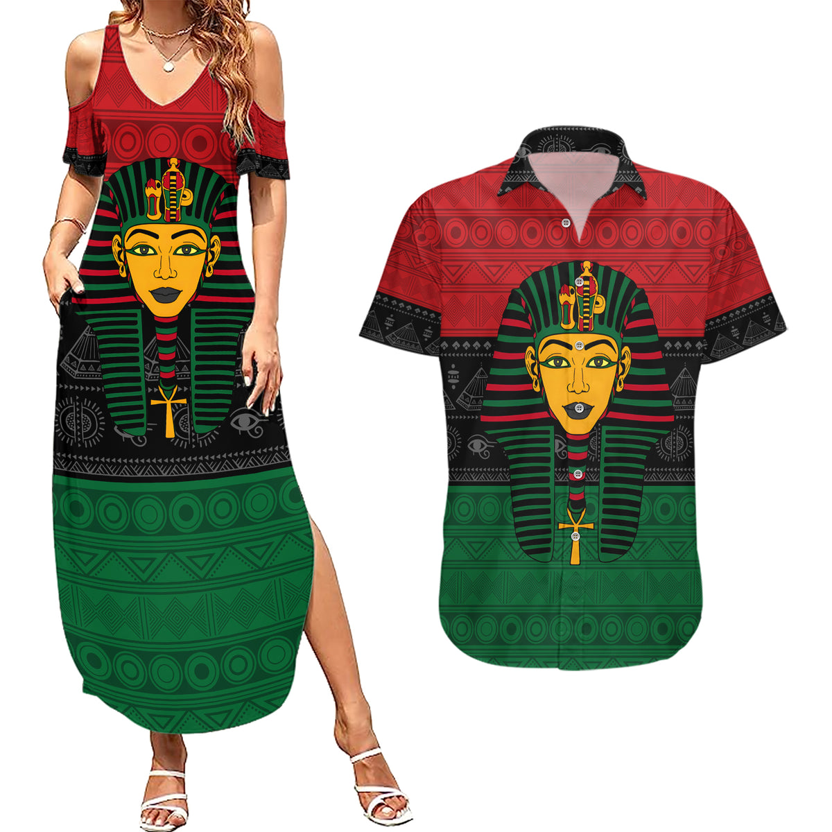 Personalized Pharaoh In Pan-African Colors Couples Matching Summer Maxi Dress and Hawaiian Shirt Ancient Egypt - Wonder Print Shop