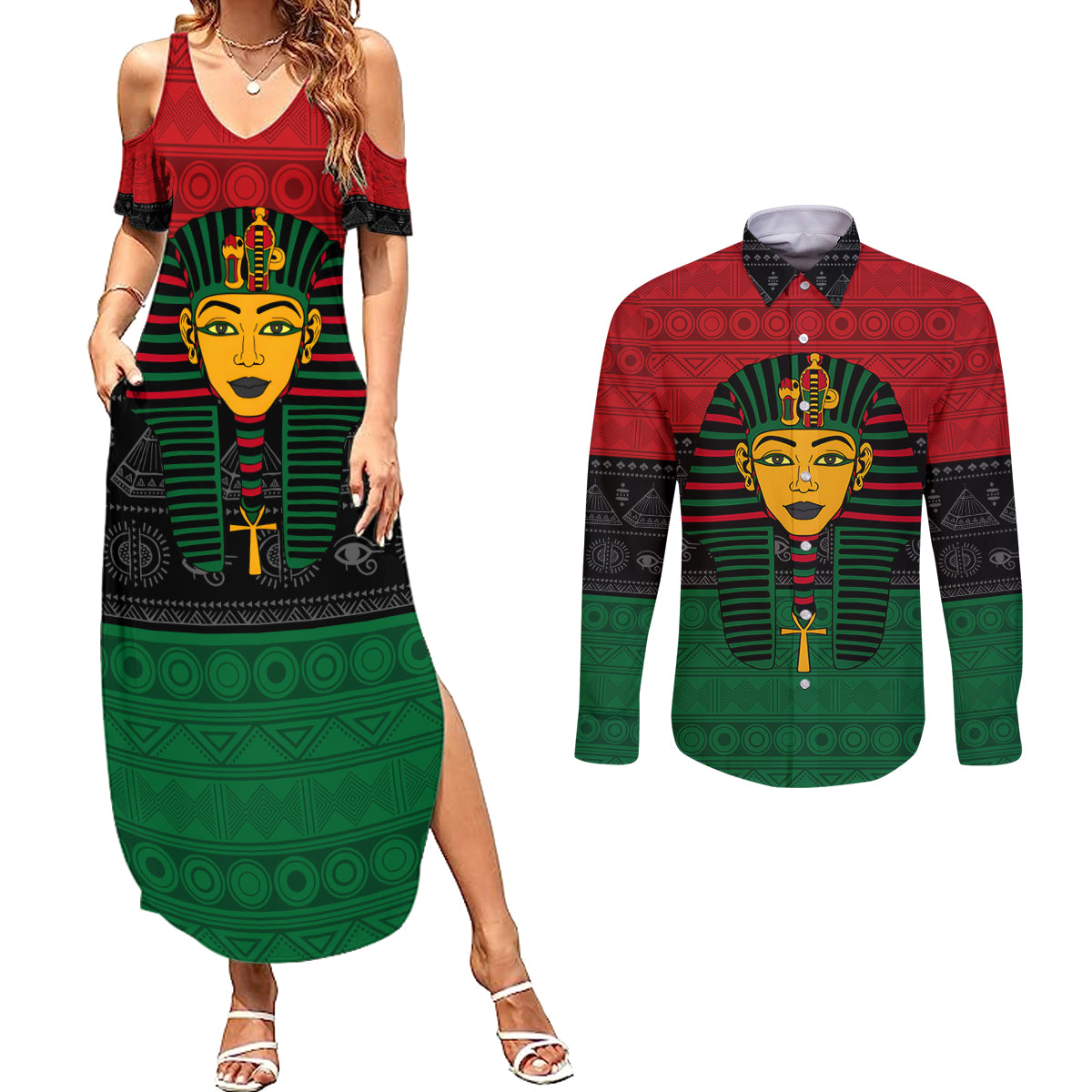 Personalized Pharaoh In Pan-African Colors Couples Matching Summer Maxi Dress and Long Sleeve Button Shirt Ancient Egypt - Wonder Print Shop